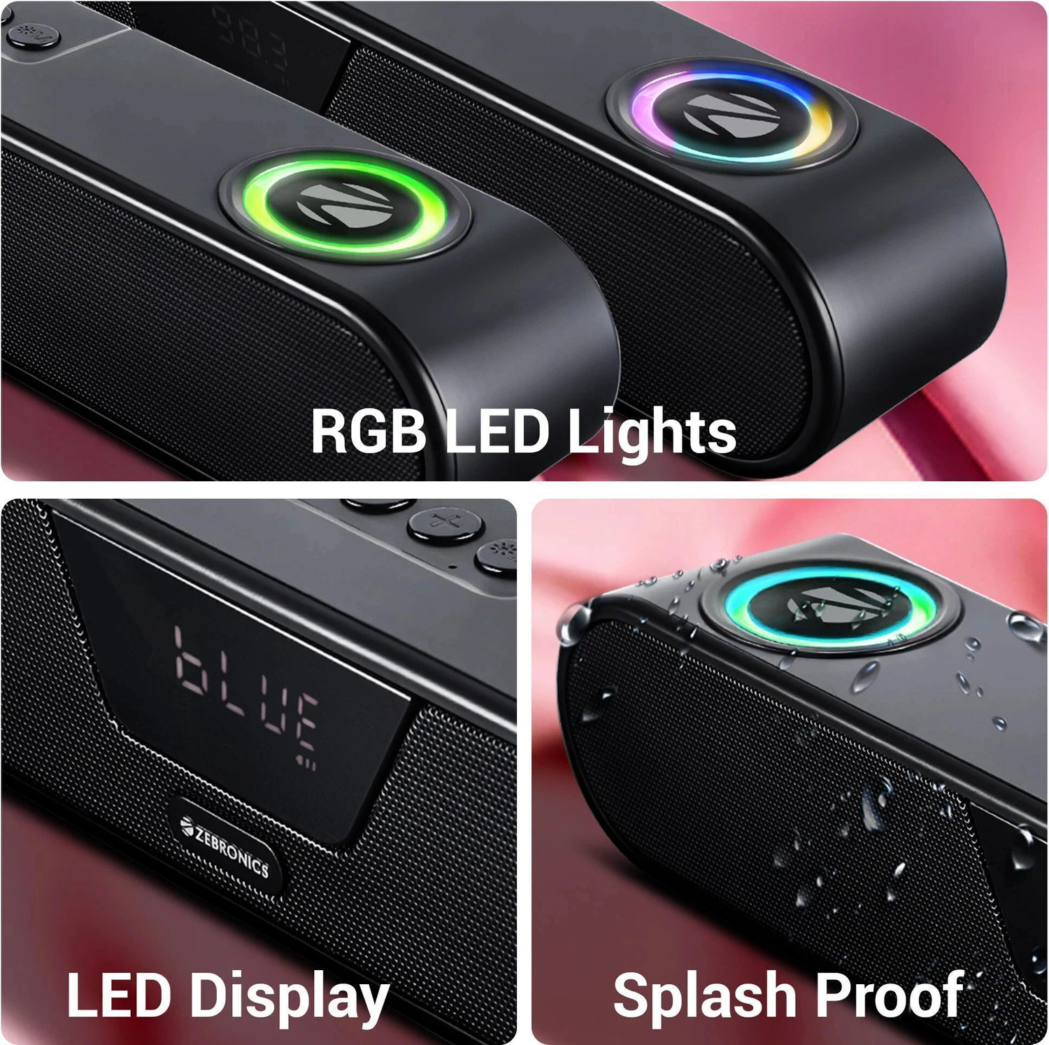 Image of ZEBRONICS Astra 40,Dual drivers,Deep Bass,8H Playback,TWS,USB /AUX /mSD, RGB, Splash-proof 20 W Bluetooth Speaker