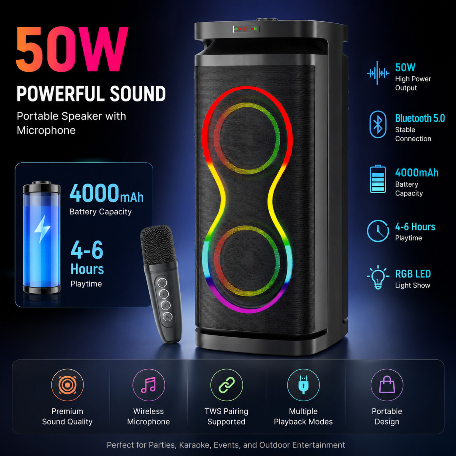 Image of V WORTEX Party Speaker with Wireless Mic | Boom Box Speaker | RGB Lights | Deep Bass| 50 W Bluetooth Speaker