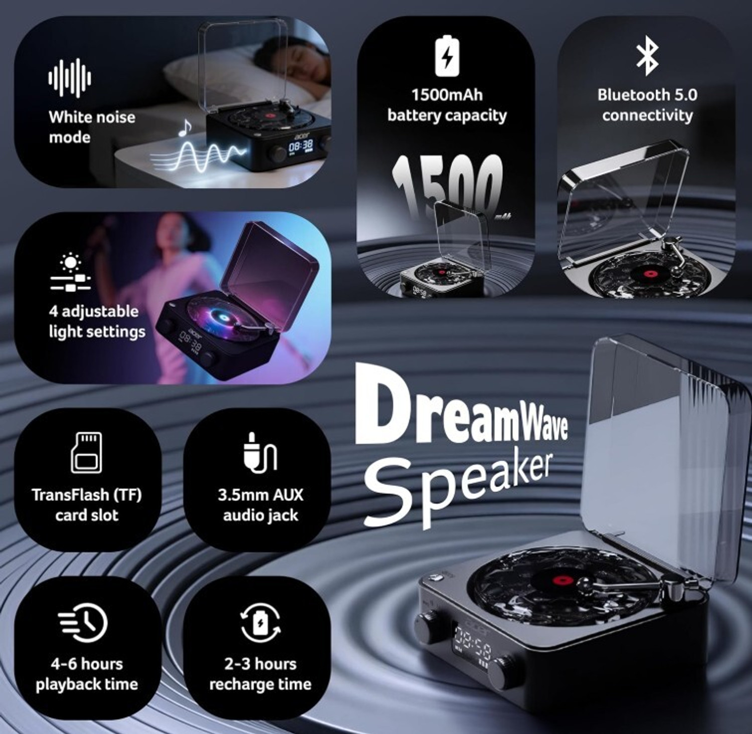 Image of Acer TFCard & AUX Support White Noise Sound Machine 1500mAh Batt WhiteNoise 5 W Bluetooth Speaker