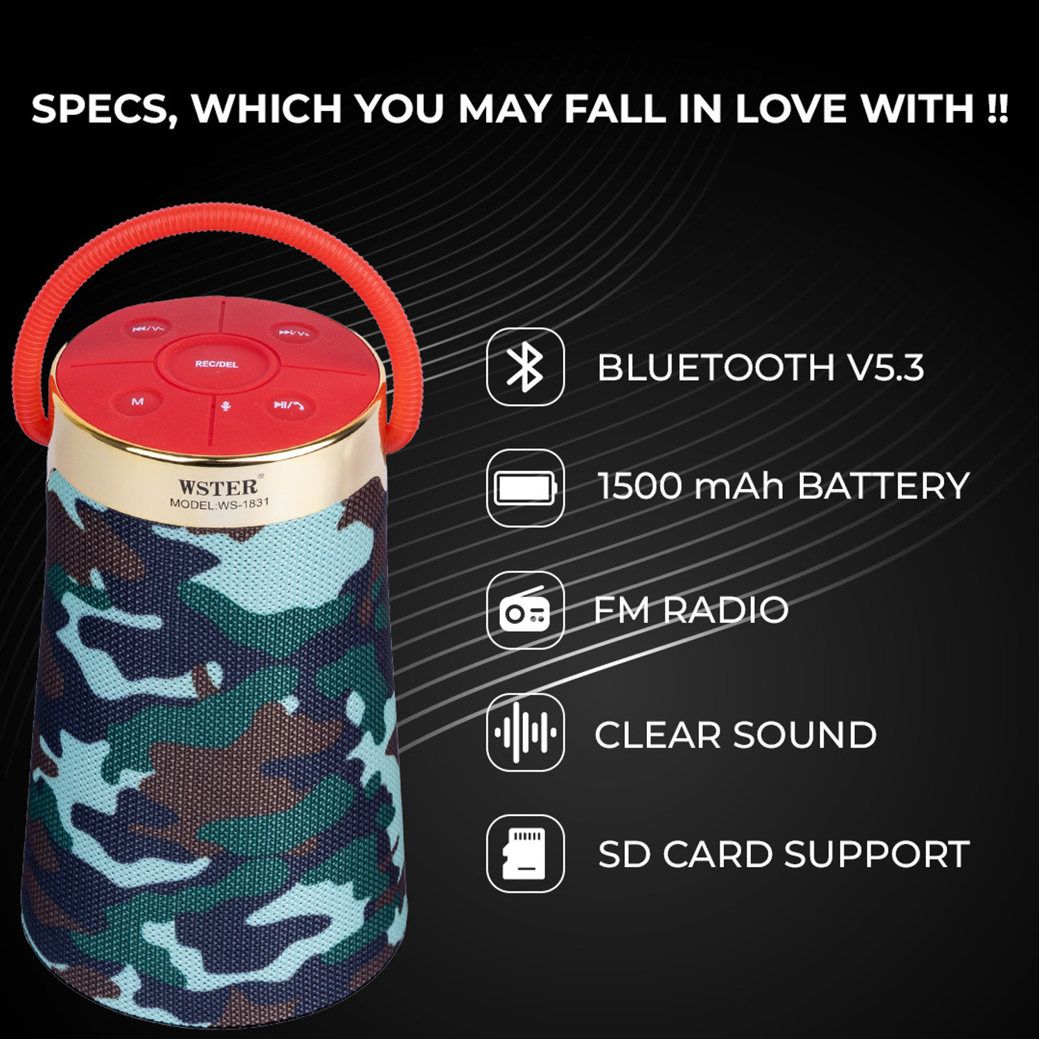 Image of Jmax WS-1831 Wireless Speaker (1500mAh Battery) Supports FM, SD Card, USB & TWS 7 W Bluetooth Speaker