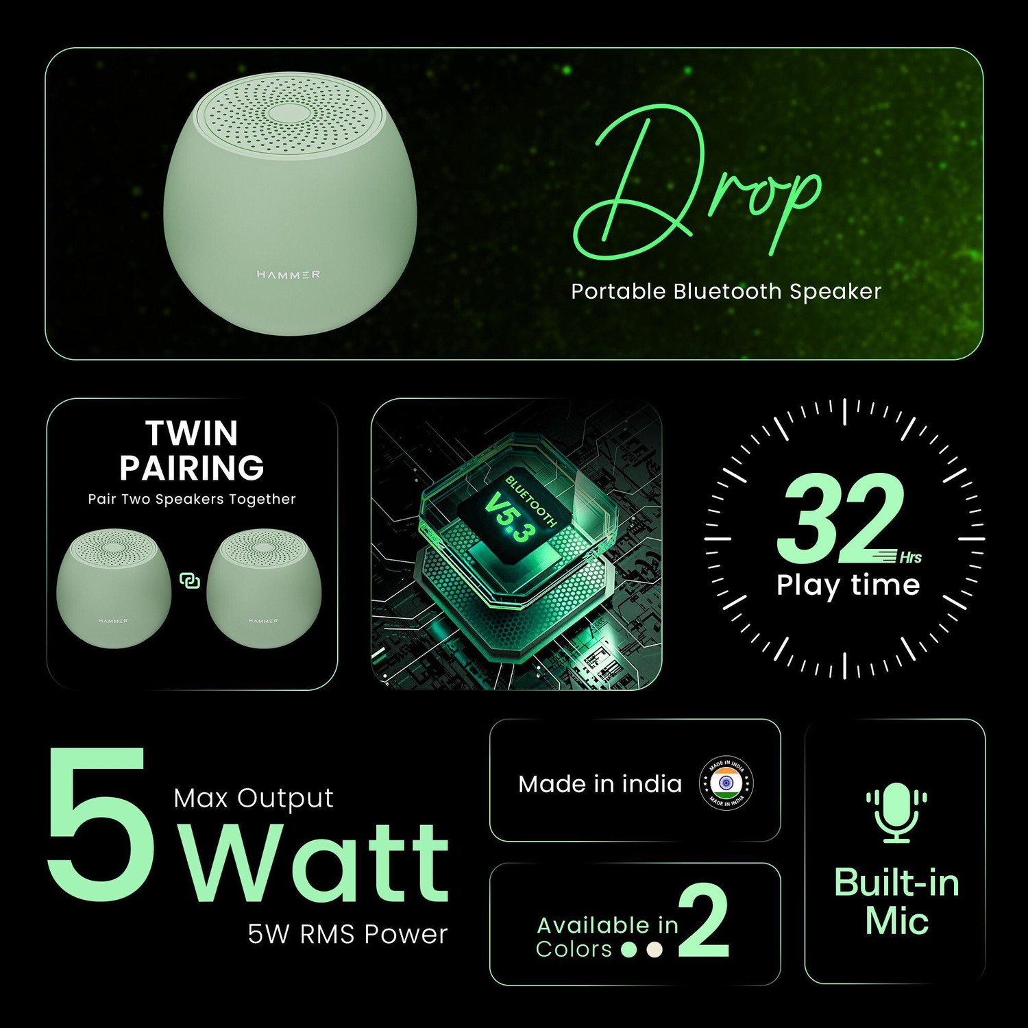 Image of Hammer Drop 5W Bluetooth Speaker with Twin Pairing, 100H StandBy Time, 52mm Drivers 5 W Bluetooth Speaker