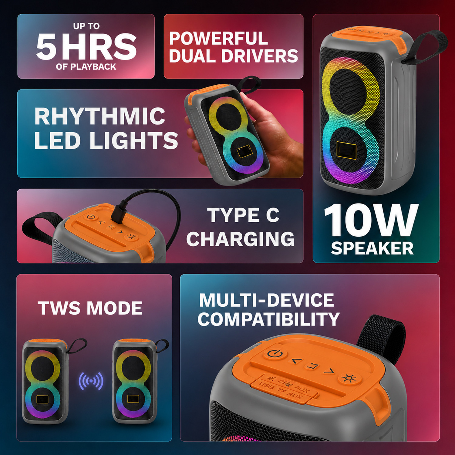 Image of RZW RZ-222 Portable Bluetooth Speaker with Built-in Phone Holder & RGB LED Effects 10 W Bluetooth Speaker