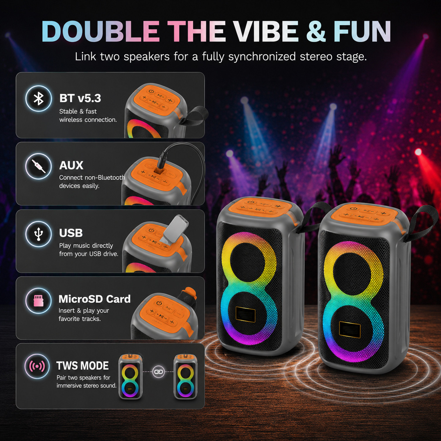 Image of RZW RZ-222 Portable Bluetooth Speaker with Built-in Phone Holder & RGB LED Effects 10 W Bluetooth Speaker