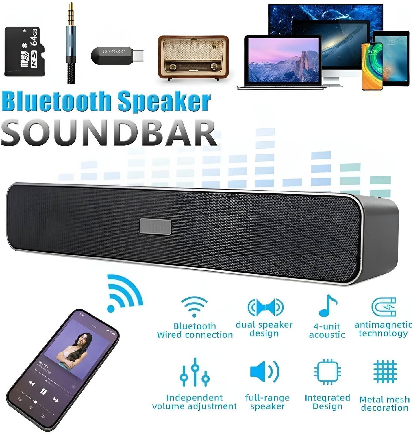 CAPSLINE Long Bar Dual-Speaker Multimedia Radio Bluetooth Audio Support TF Card/U Disk 01 20 W Bluetooth Soundbar