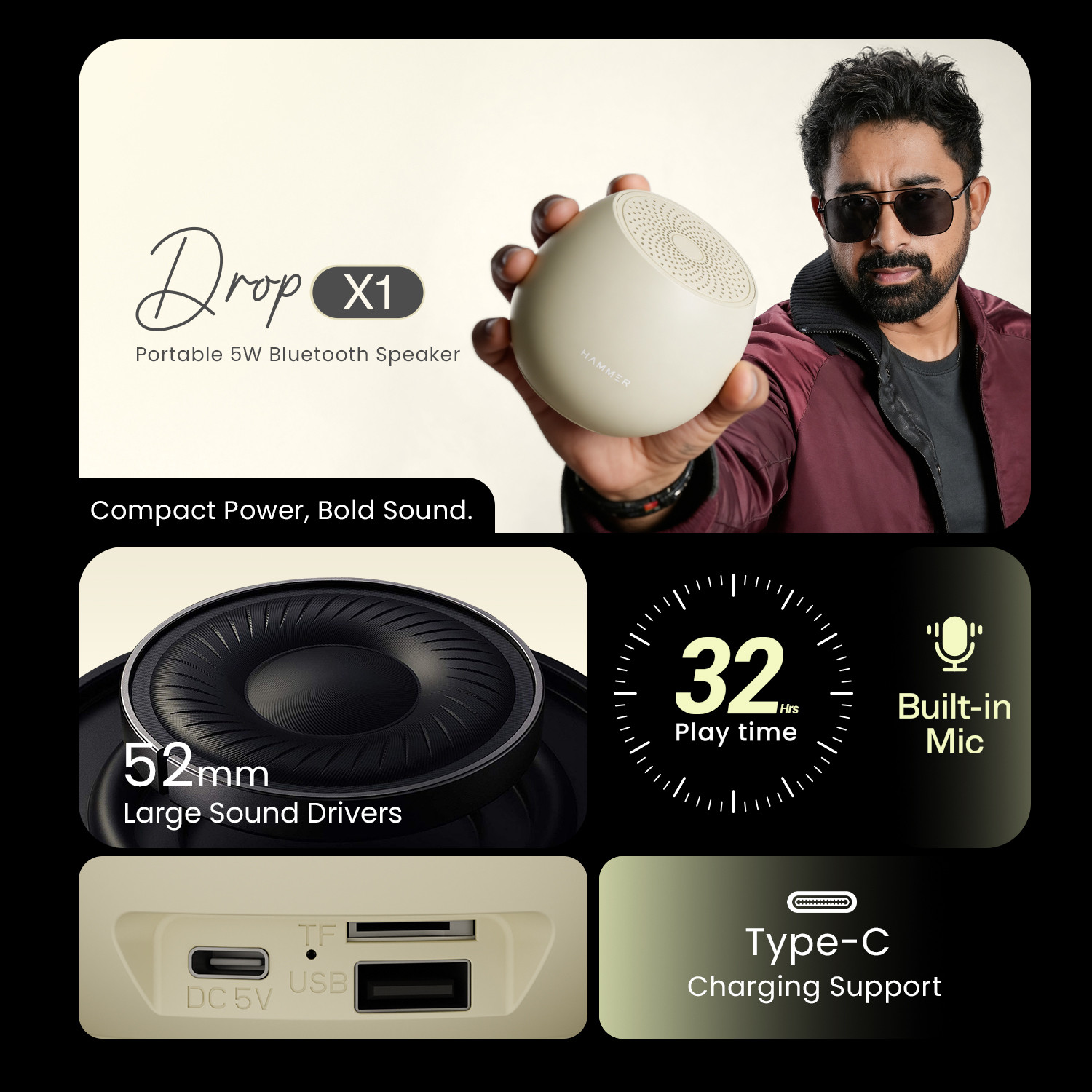 Image of Hammer Drop X1 5W Bluetooth Speaker with Twin Pairing, 100H StandBy Time, 52mm Drivers 5 W Bluetooth Speaker