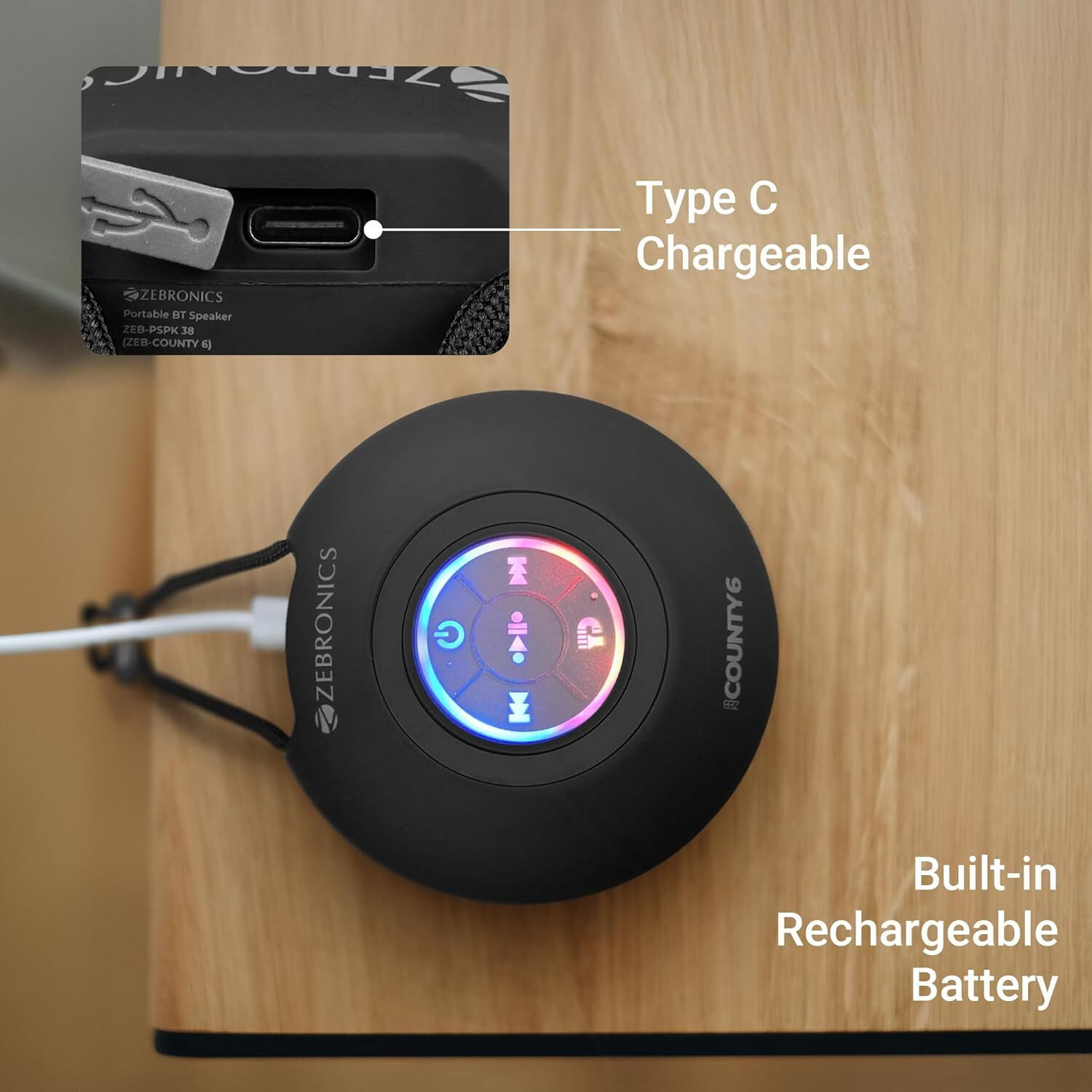 Image of ZEBRONICS County 6 Portable Bluetooth Speaker, 3 Watts, Upto 12 Hours Playback, BTv5.3 3 W Bluetooth Speaker