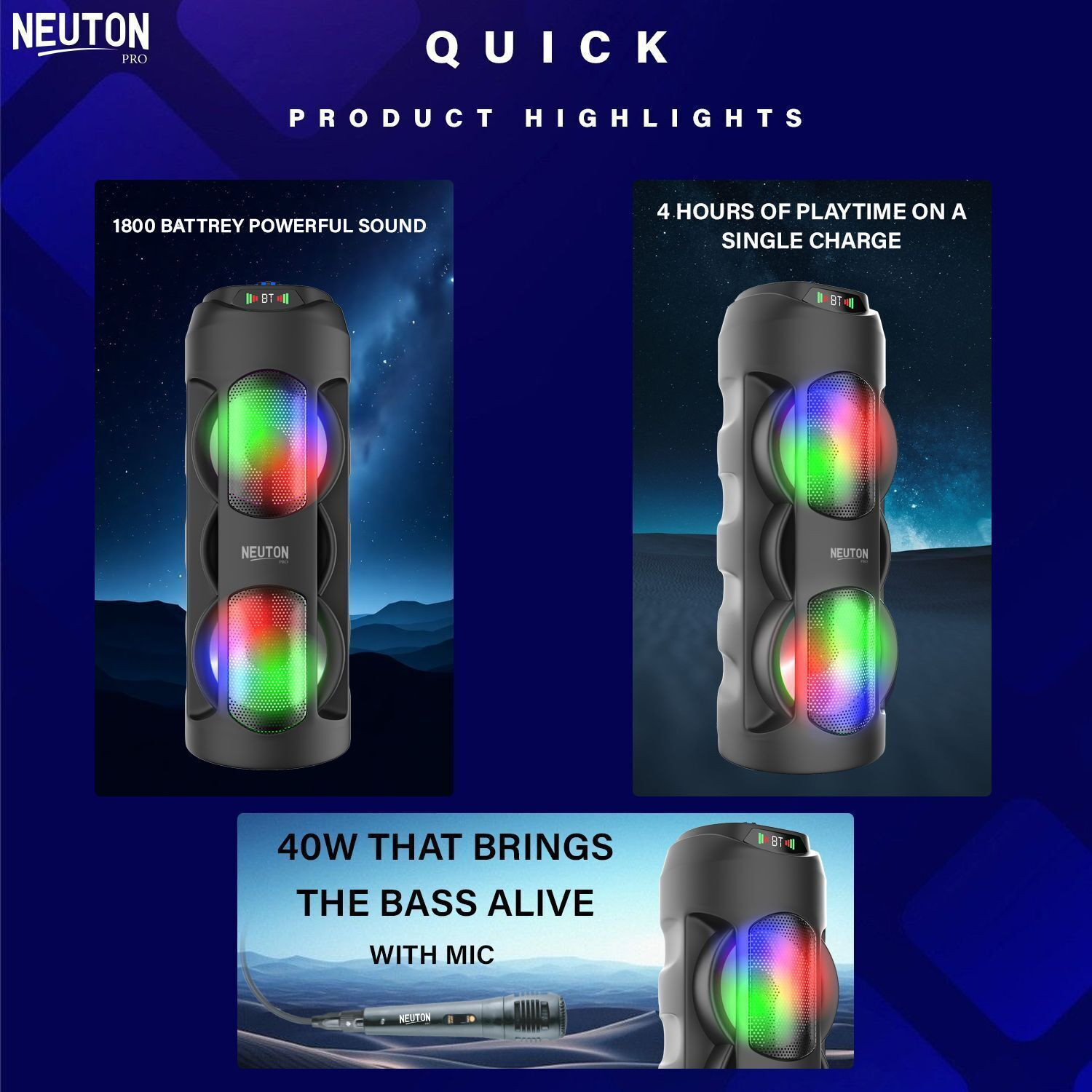 Image of Neuton pro 40W Portable Bluetooth Party Speaker with Wired Microphone, RGB LED Lights 40 W Bluetooth Speaker