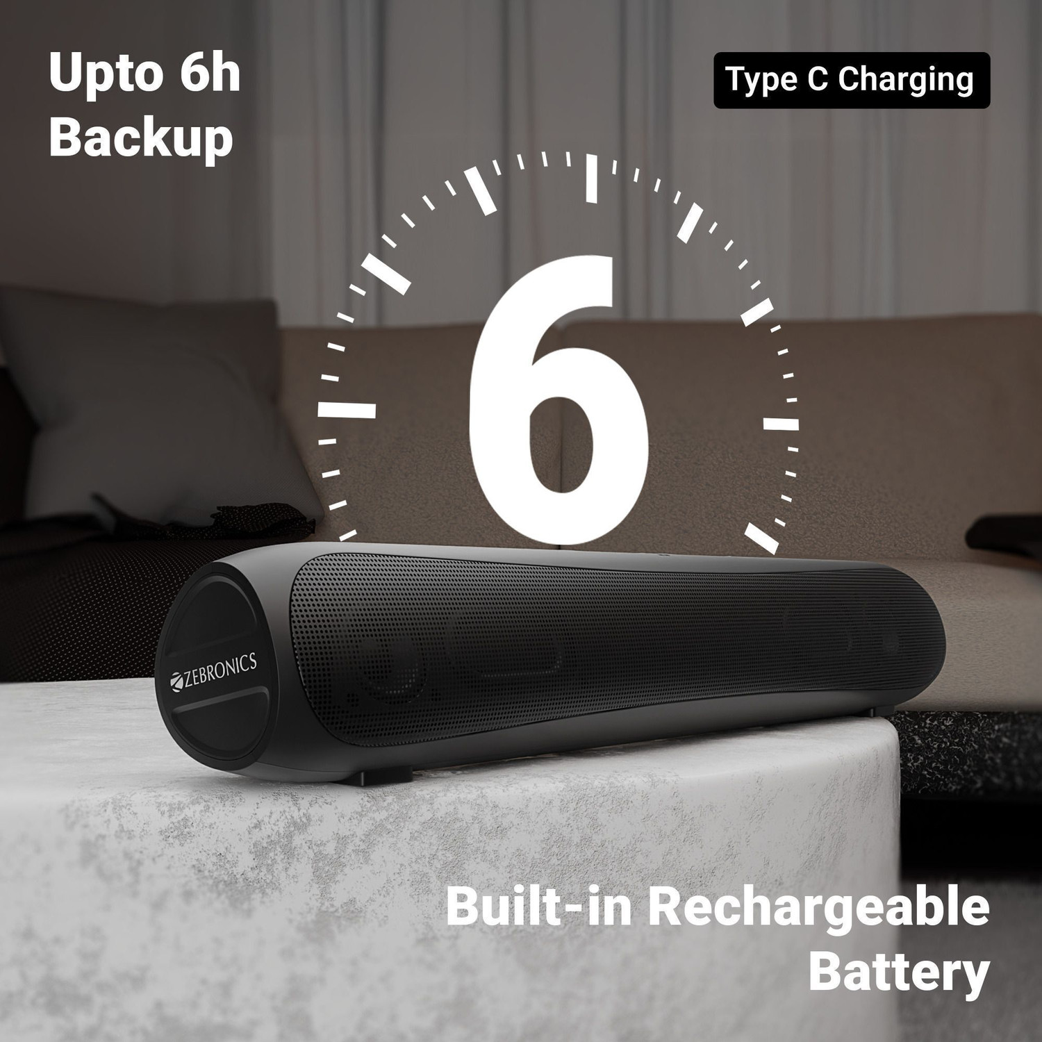 Image of ZEBRONICS Vita Bar 202,Dual drivers,6H Playback,TWS,type C charging,USB, AUX,LED Indicator 18 W Bluetooth Speaker