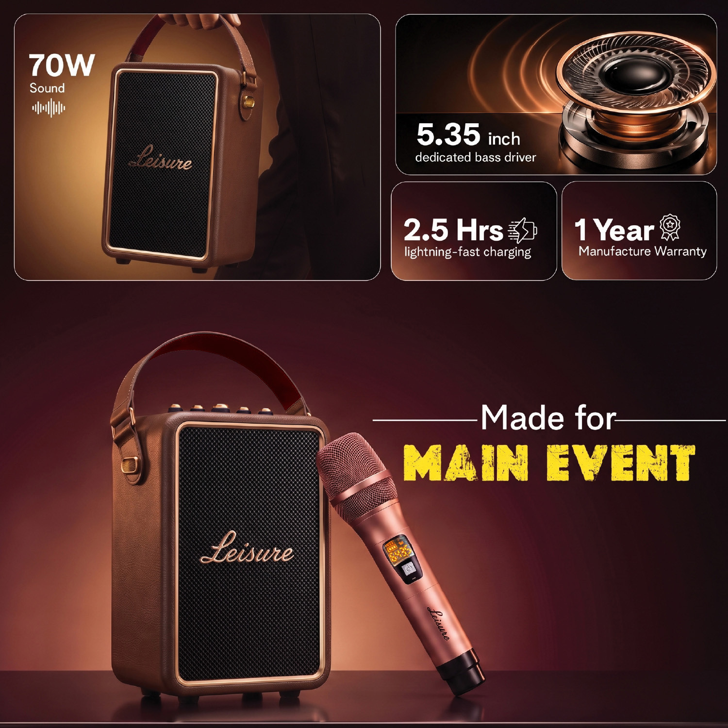 Image of Leisure ELEVATE Portable Bluetooth Speaker, 8H Playtime, Dual Wireless Mics 100 W Bluetooth Speaker