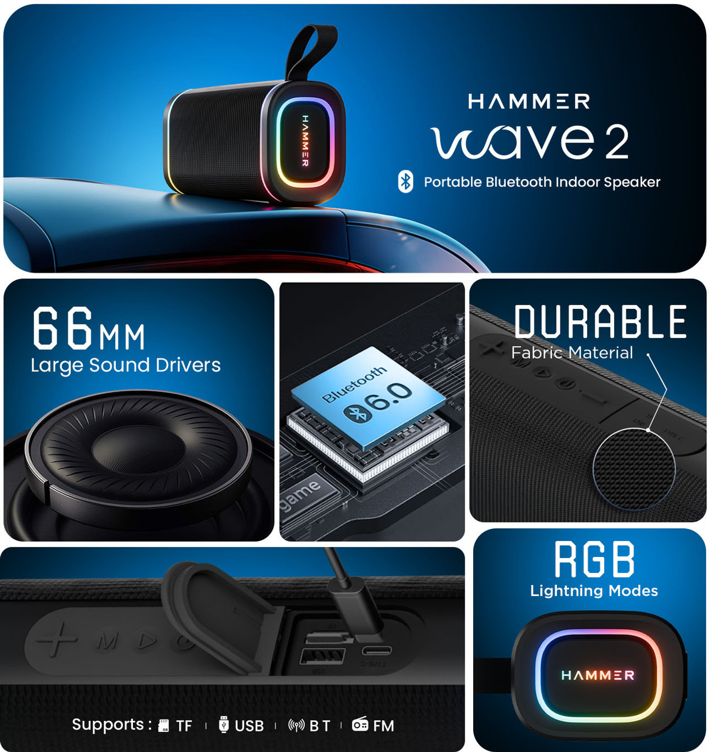 Image of Hammer Wave 2 Speaker with Tws Function, Upto 6 Hours Playtime 20 W Bluetooth Speaker