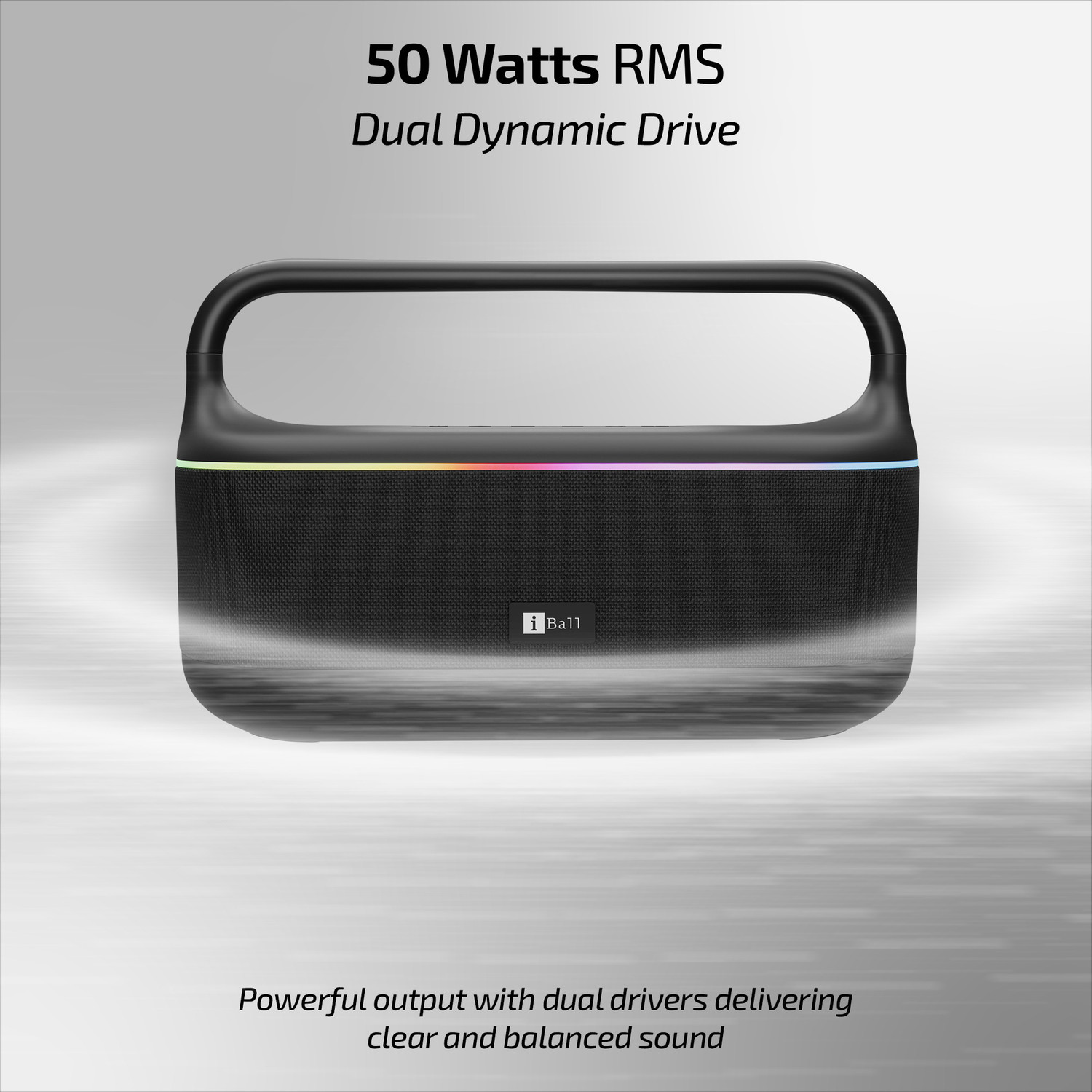 Image of iBall Dhun, 5hrs Playback, Dual Drivers, Dual EQ,Powerful BASS, TWS, RGB, Type-C 50 W Bluetooth Party Speaker