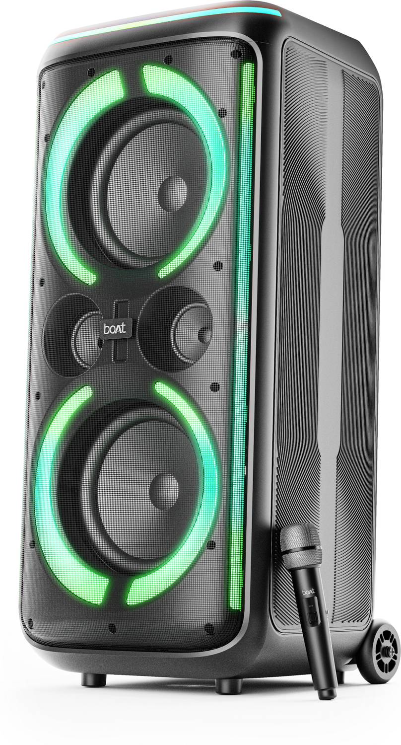 boAt PartyPal 500, 200W Party Speaker,Karaoke Auto-Tuner,UHF Mic,RGB LEDs,App Support 200 W Bluetooth Speaker (Raven Black, Mono Channel) deal from flipkart