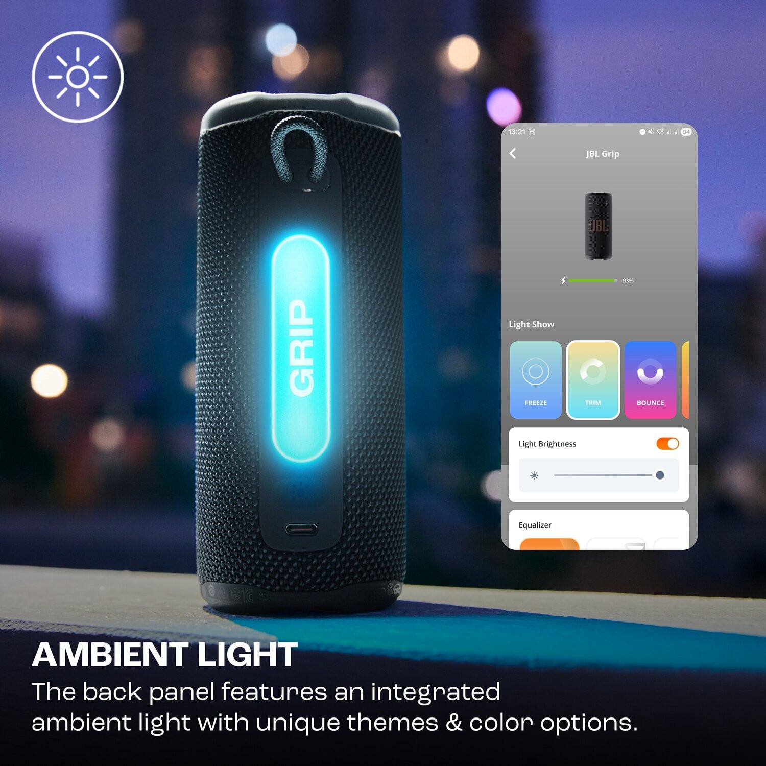 Image of JBL Grip Pro Sound with AI Sound Boost, Ambient Light, 14H Playtime, Auracast IP68 16 W Bluetooth Speaker
