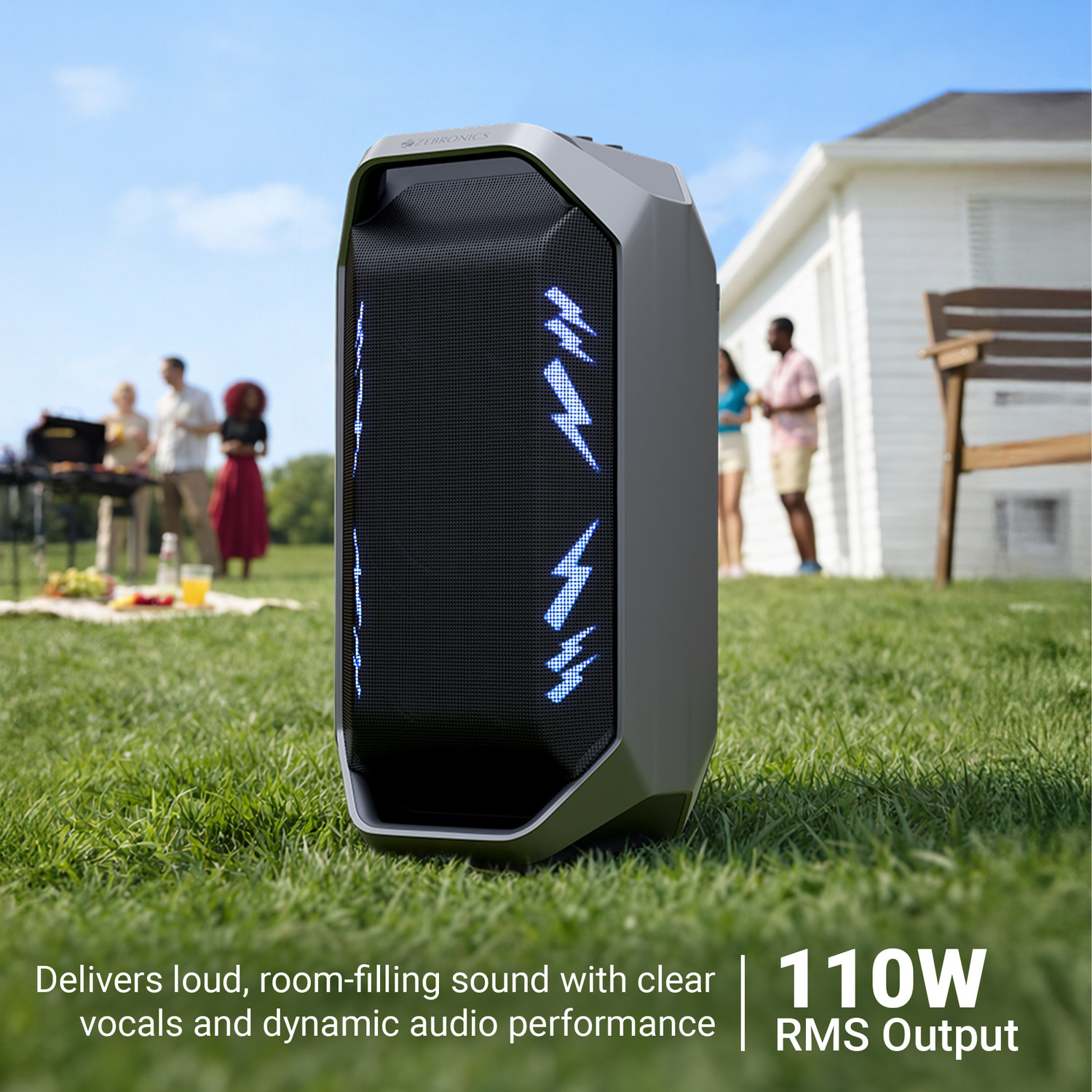 Image of ZEBRONICS Party fyre 110,Up to 6hrs Backup, Dual Drivers, Wireless Karaoke Mic, BTv5.3,TWS 110 W Bluetooth Party Speaker