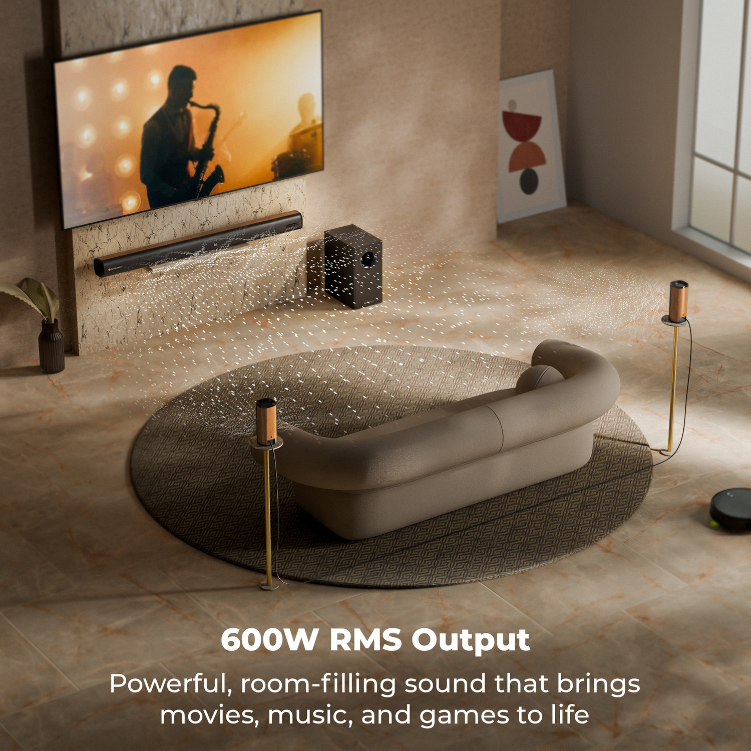 Image of ZEBRONICS Juke Bar 9451 Dolby Audio Wireless Subwoofer & Dual Satellite, Wooden Finish 600 W Bluetooth Soundbar