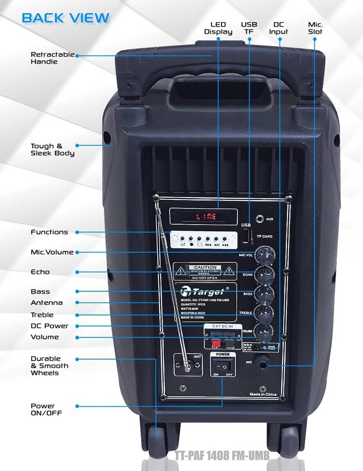 Buy Target TT-PAF-1408 MULTIMEDIA PA TROLLEY PORTABLE SPEAKER 8
