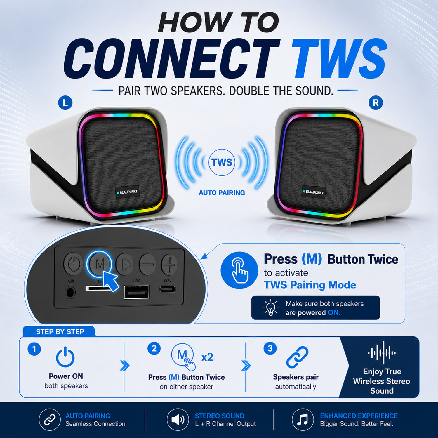 Image of Blaupunkt TWINZ Bookshelf Bluetooth Speaker with TWS Stereo, RGB Lights, 2000mAh Battery 30 W Bluetooth PA Speaker