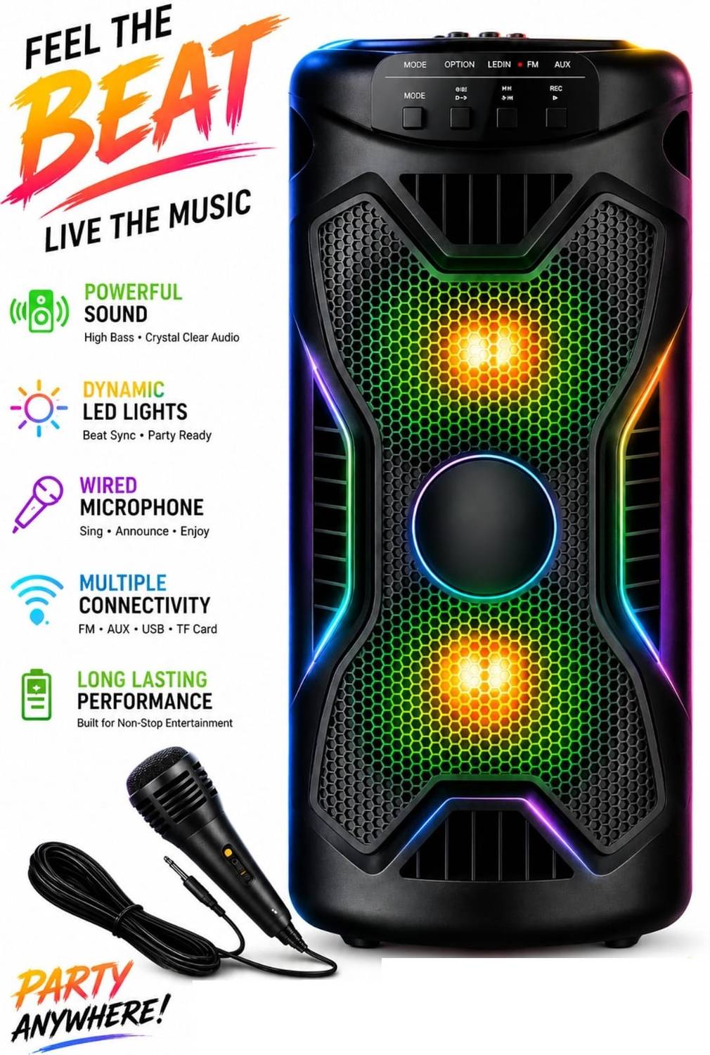 LIMBRO home Theatre TWS Mode FM USB AUX BLUETOOTH KARAOKE WIRED MIC RGB LIGHT 1000 W Portable Bluetooth Party Speaker
