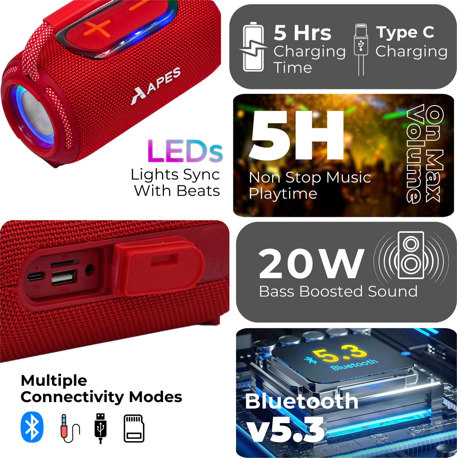 Image of APES Toofan Bluetooth Speaker, 6Hrs Playtime, Dynamic RGB LED's,TF card, USB, and AUX 10 W Bluetooth Party Speaker