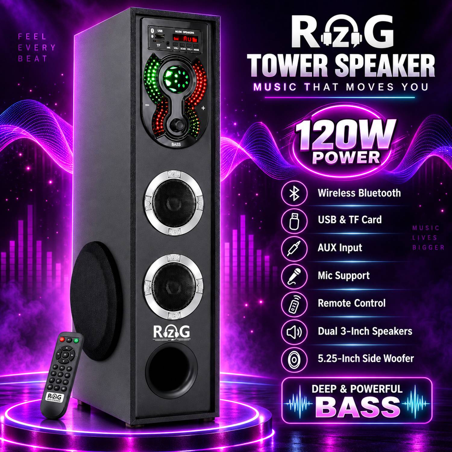 RZG L-2 DJ High Bass Tower Speaker Bluetooth Speaker 120 W Bluetooth Party Speaker - Image 2
