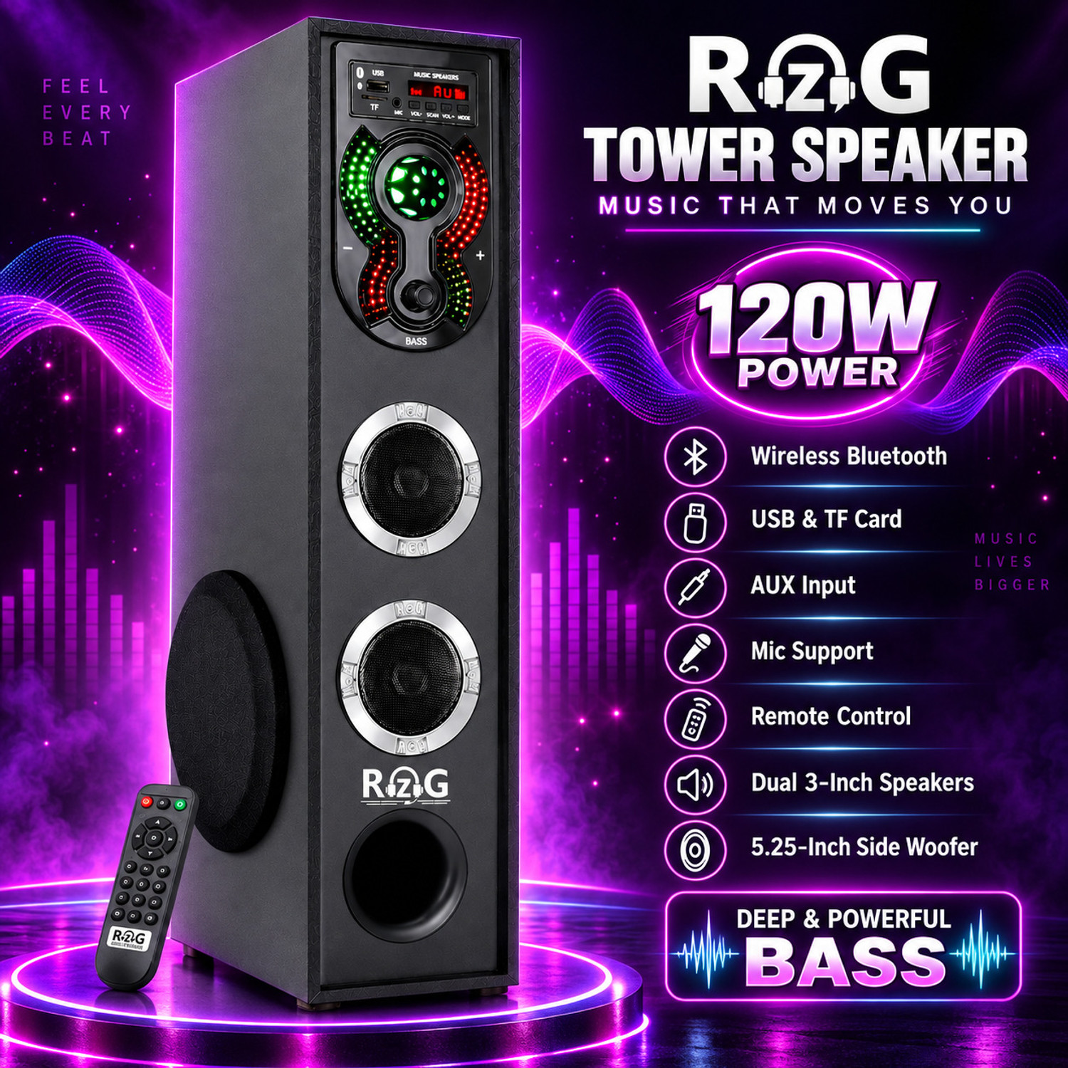 Image of RZG L-8 DJ High Bass Tower Speaker Bluetooth Speaker 120 W Bluetooth Party Speaker