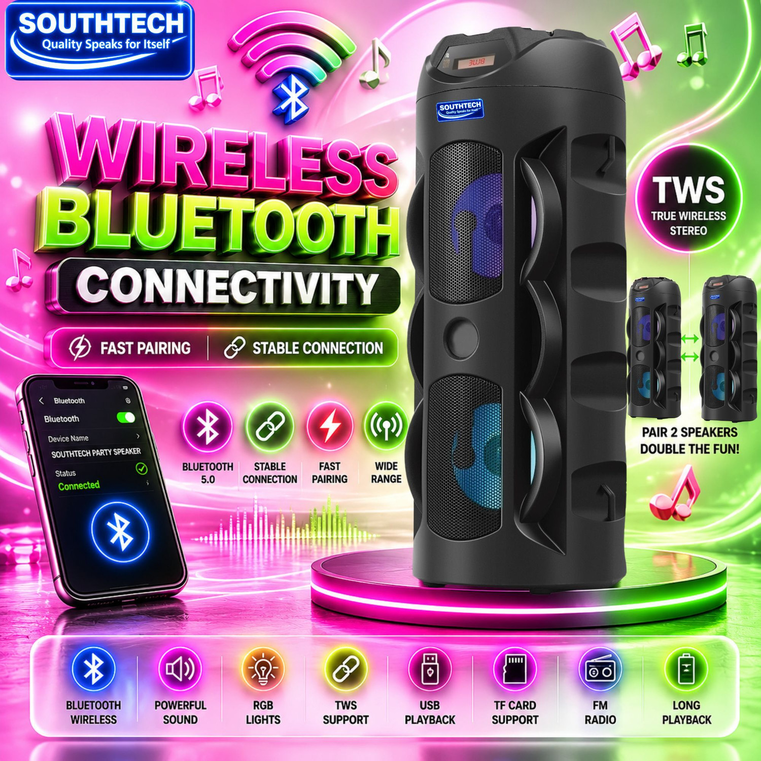 Image of SOUTHTECH Thunder Bluetooth Party Tower Speaker|Dual Driver|RGB Lights| 40 W Bluetooth Party Speaker