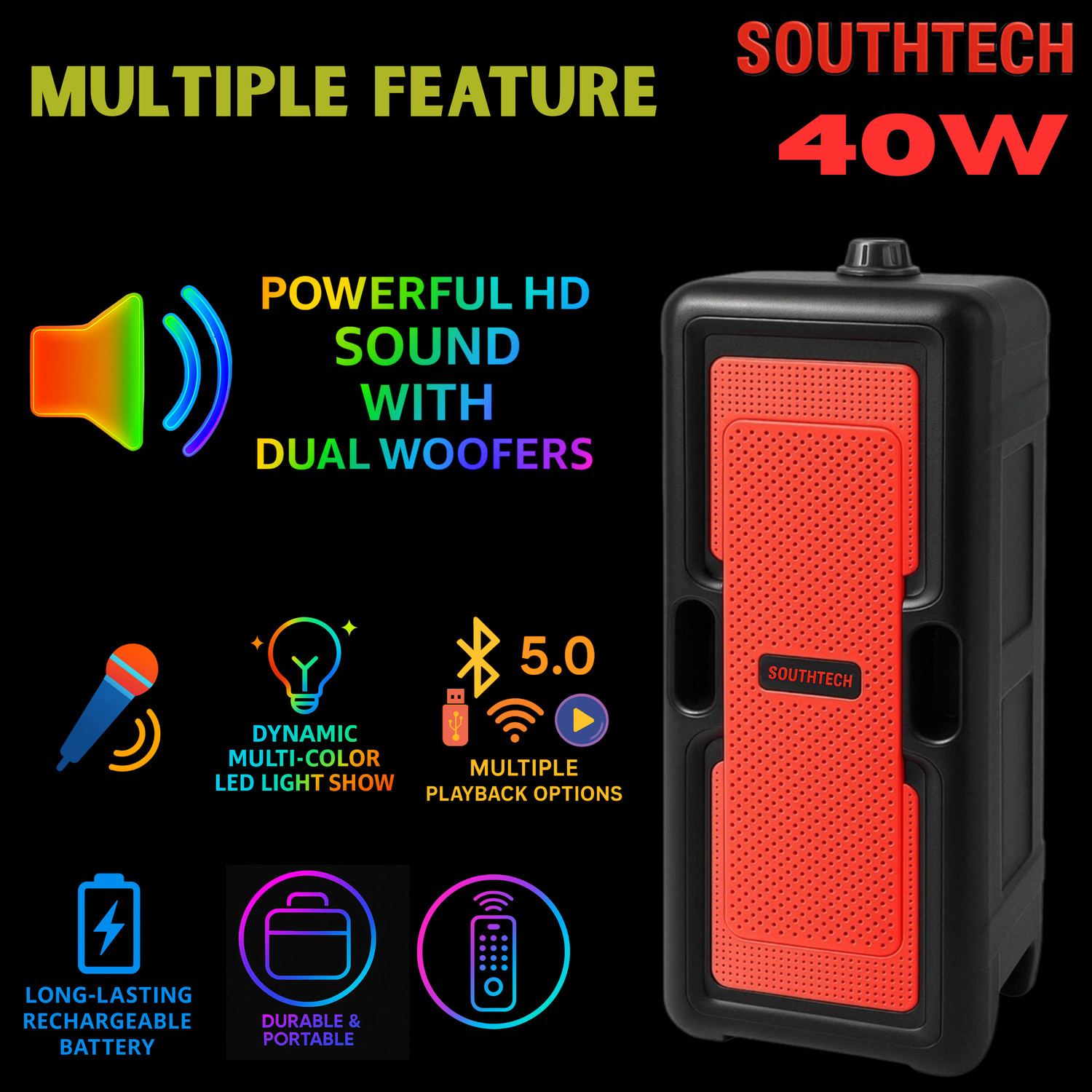 Image of SOUTHTECH ST-02WMR Portable Bluetooth Speaker , Wireless Mic & Remote,Type C, 40 W Bluetooth Party Speaker