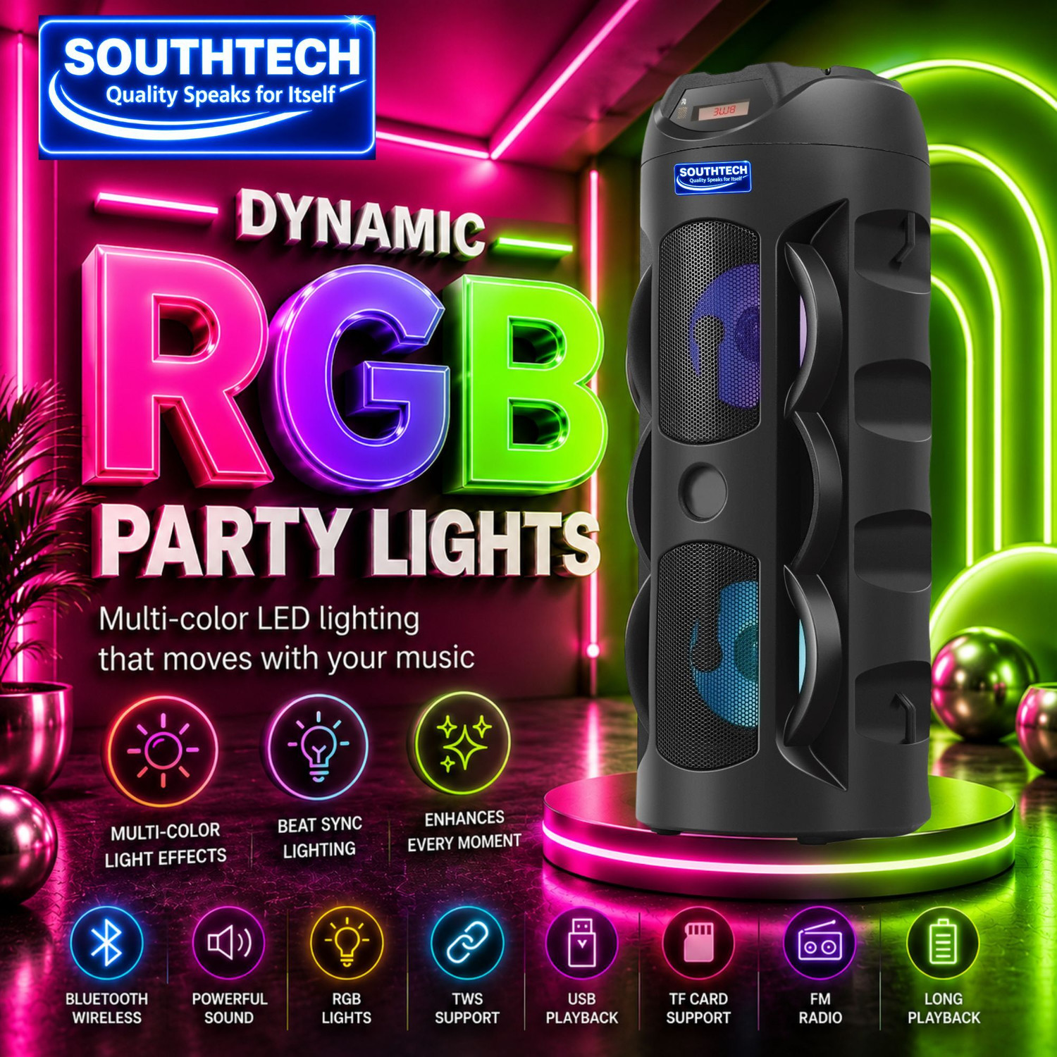 Image of SOUTHTECH Thunder Bluetooth Party Tower Speaker|Dual Driver|RGB Lights| 40 W Bluetooth Party Speaker