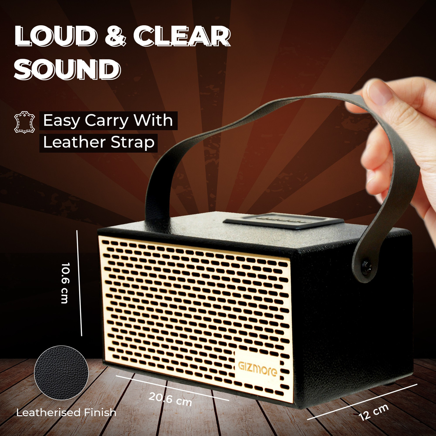 Image of Gizmore GIZ MS516 Portable Speaker| Wooden Cabinet With Leather Strap, 5H Playback 16 W Bluetooth Speaker