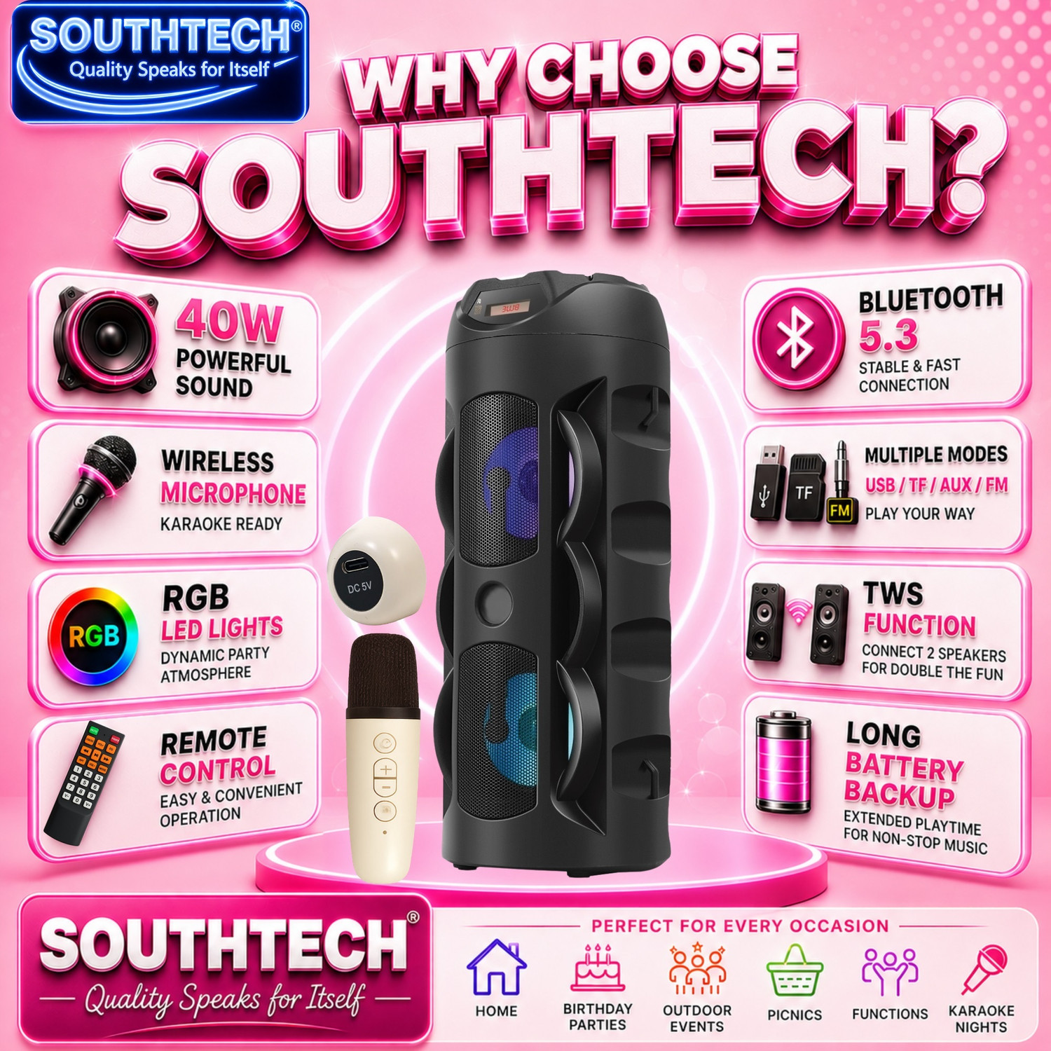 Image of SOUTHTECH DHOOM Bluetooth Party Tower Speaker With Wireless Mic|Dual Driver|RGB Lights| 40 W Bluetooth Party Speaker