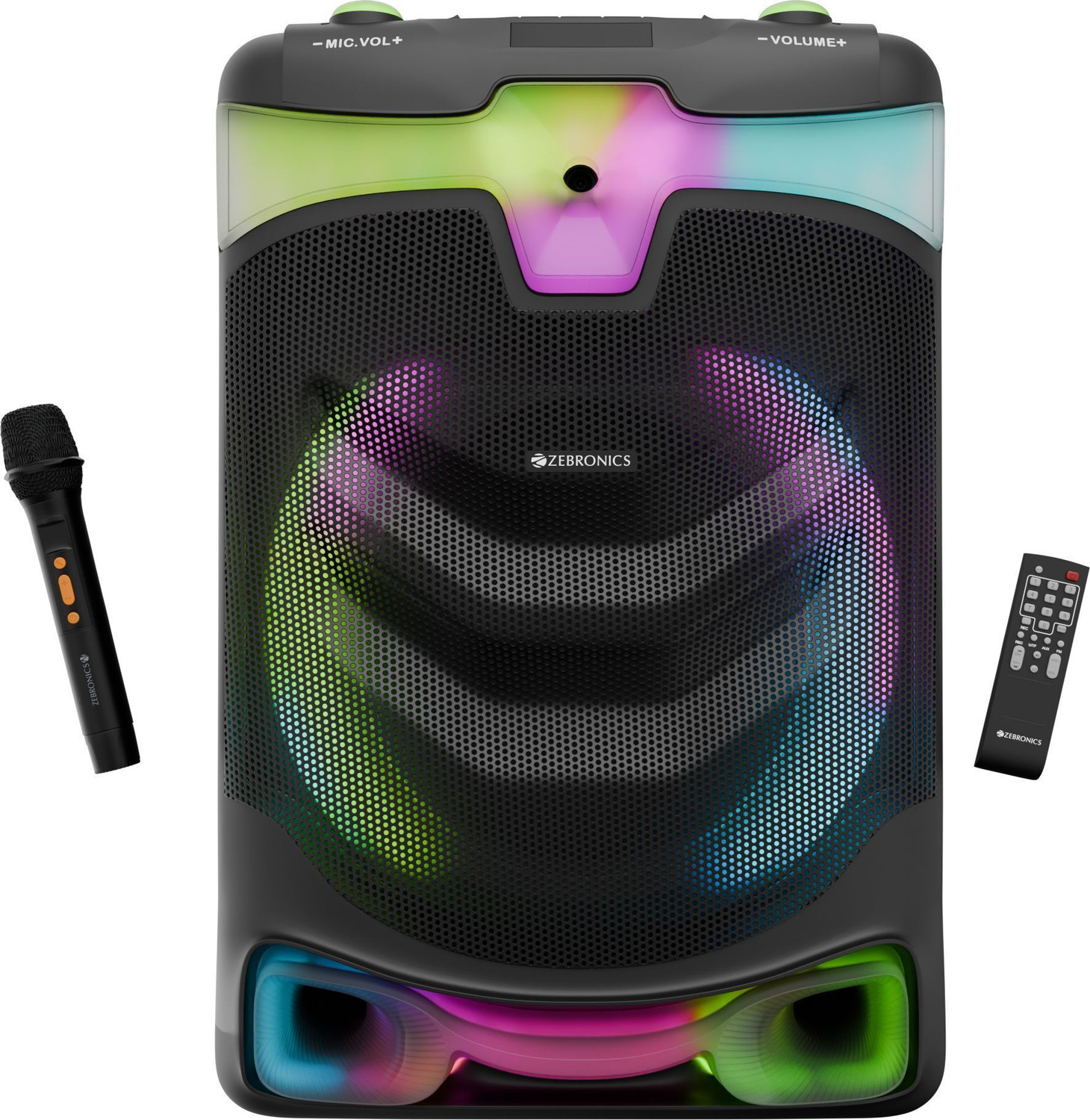 Image of ZEBRONICS Dazzio Trolley Speaker 5hr Playback,Dual Wireless Mic ,Karaoke,USB, AUX,RGB 130 W Bluetooth Party Speaker