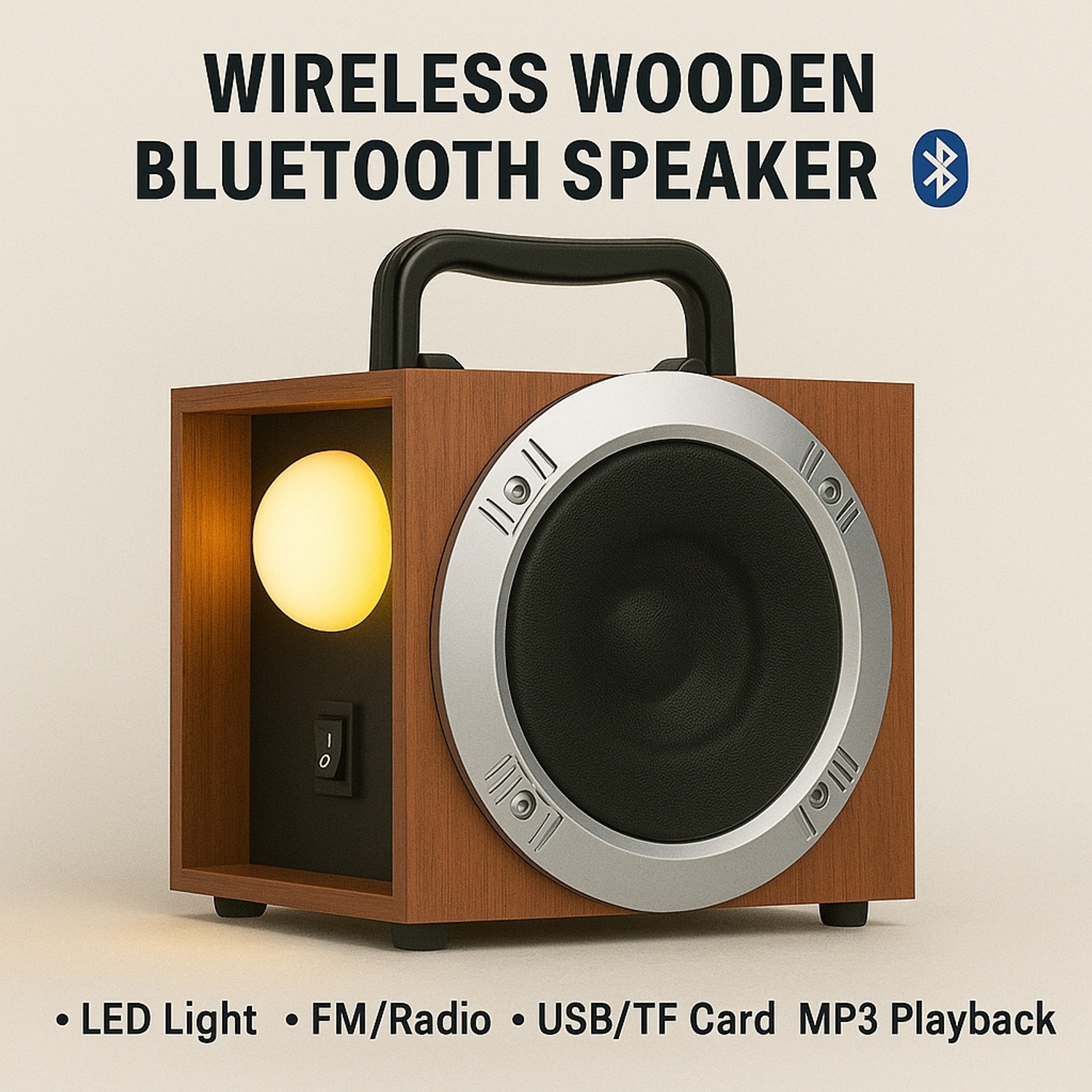 Image of Seth Sons Wireless Wooden LED Light, FM /Radio, USB /TF Card Support, MP3 Playback 20 W Bluetooth Party Speaker