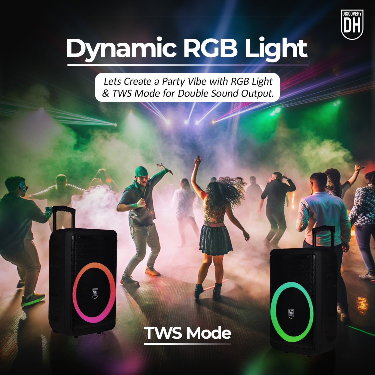 Image of DH Discovery Partypop 900W (6Hrs Playtime,2 Wireless Mic,Guitar Input,TWS & EQ Mode) 900 W Bluetooth Party Speaker