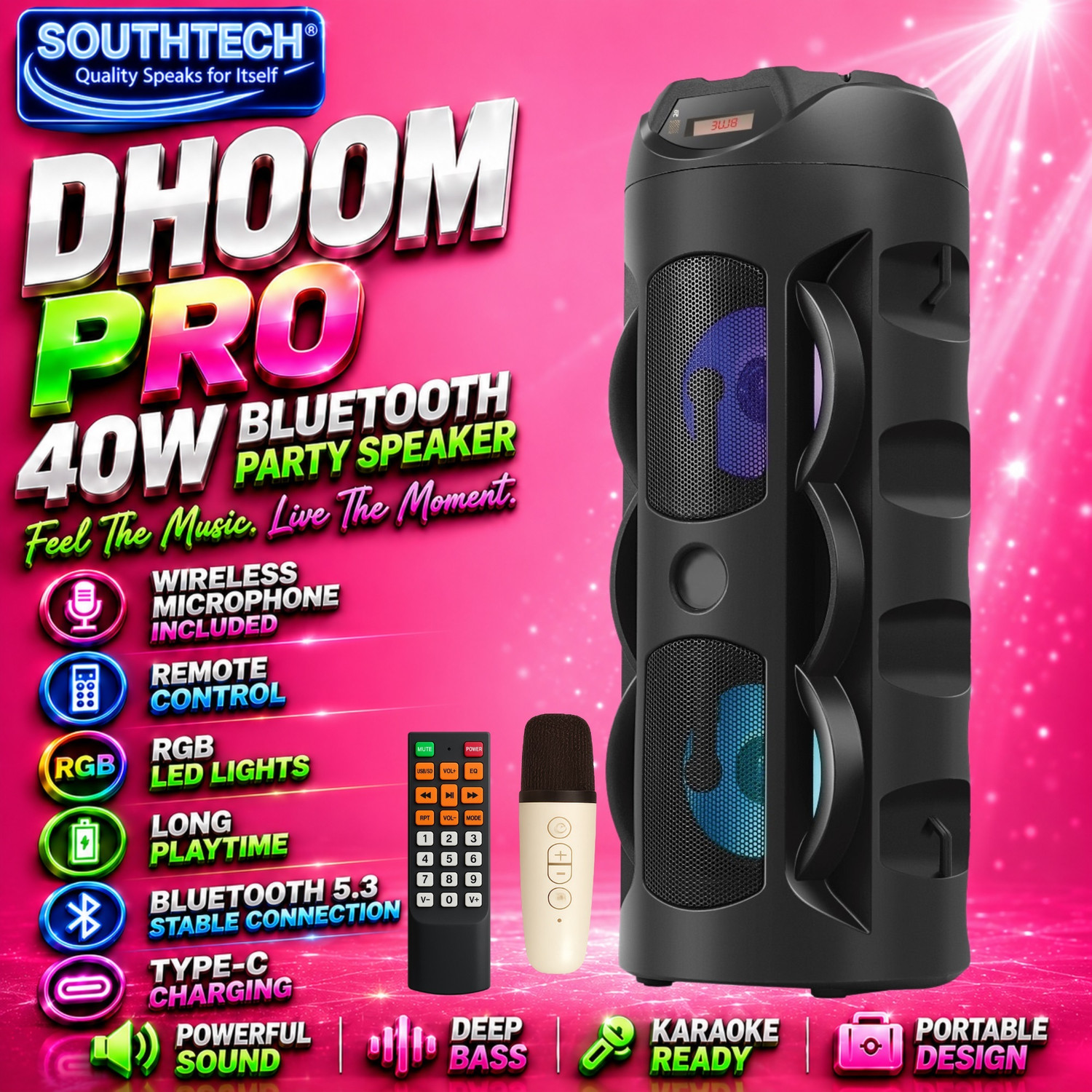 Image of SOUTHTECH DHOOM Bluetooth Party Tower Speaker With Wireless Mic|Dual Driver|RGB Lights| 40 W Bluetooth Party Speaker