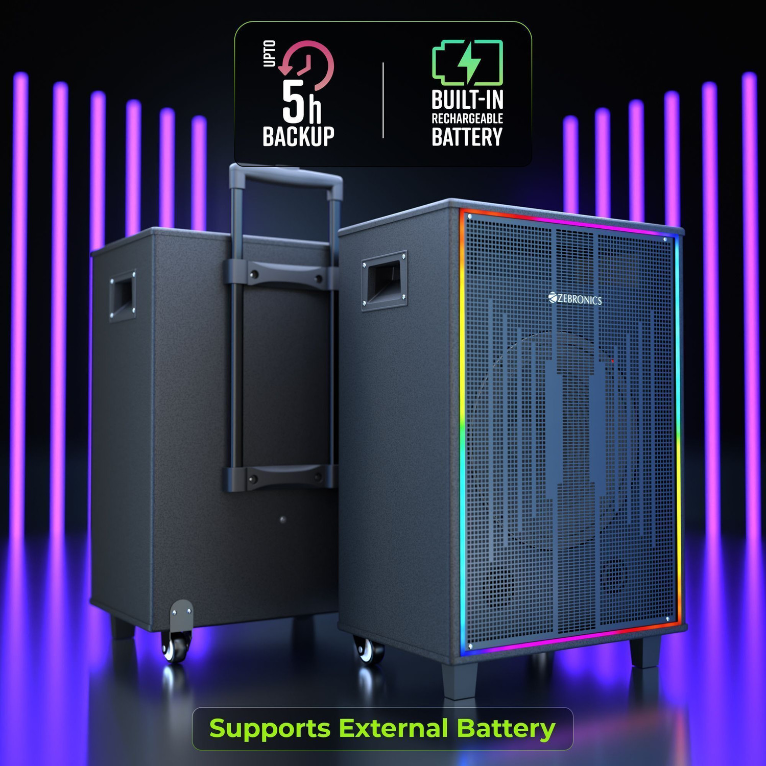 Image of ZEBRONICS Party Fyre 600 Trolley Speaker 5h Playback, Dual UHF Mic, Karaoke USB, AUX 180 W Bluetooth Party Speaker