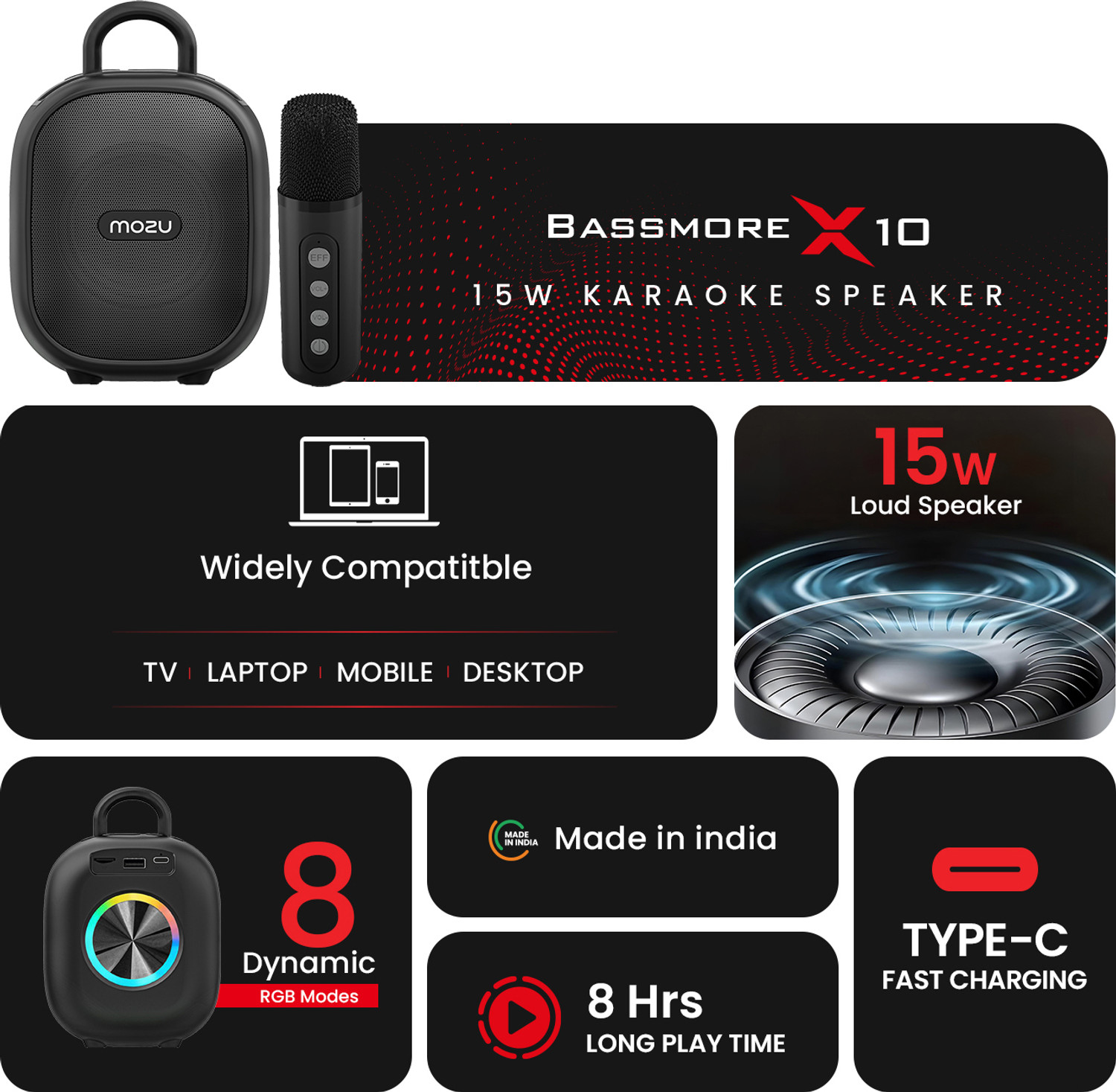 Image of Mozu Bassmore X10|8 RGB|Wireless Karaoke Mic With Voice Changer & Mobile Dock 15 W Bluetooth Party Speaker