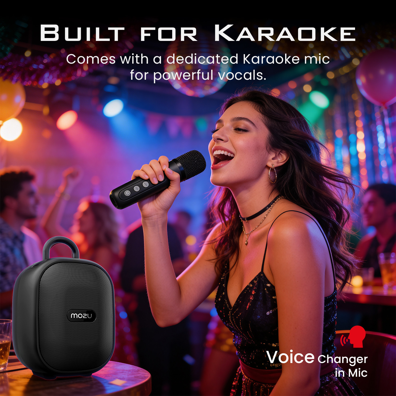 Image of Mozu Bassmore X10|8 RGB|Wireless Karaoke Mic With Voice Changer & Mobile Dock 15 W Bluetooth Party Speaker
