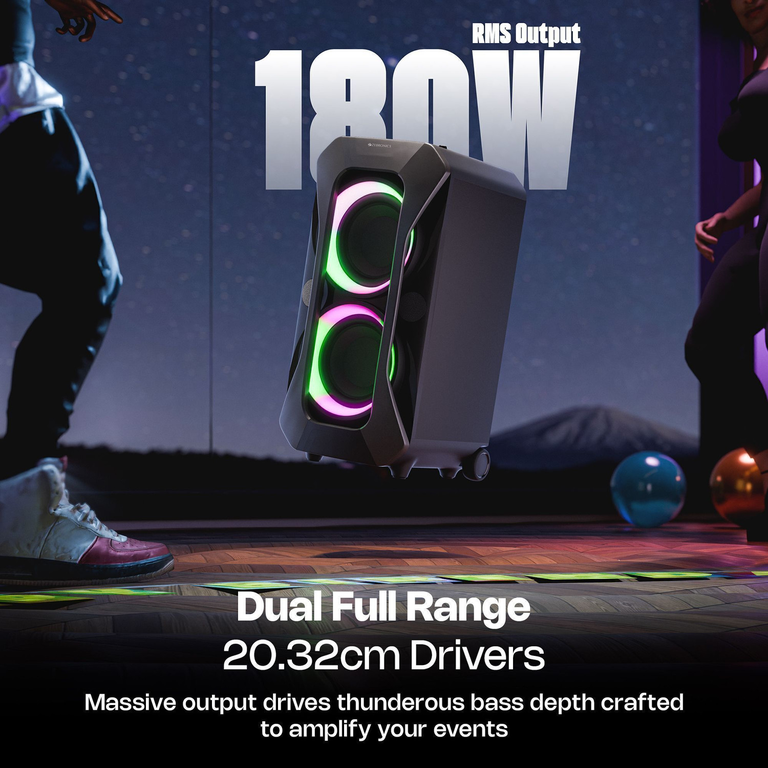 Image of ZEBRONICS ROXOR PLUS Trolley,Upto 5 hrs Playtime, Wireless Mic, Mic & Guitar IN 180 W Bluetooth Party Speaker