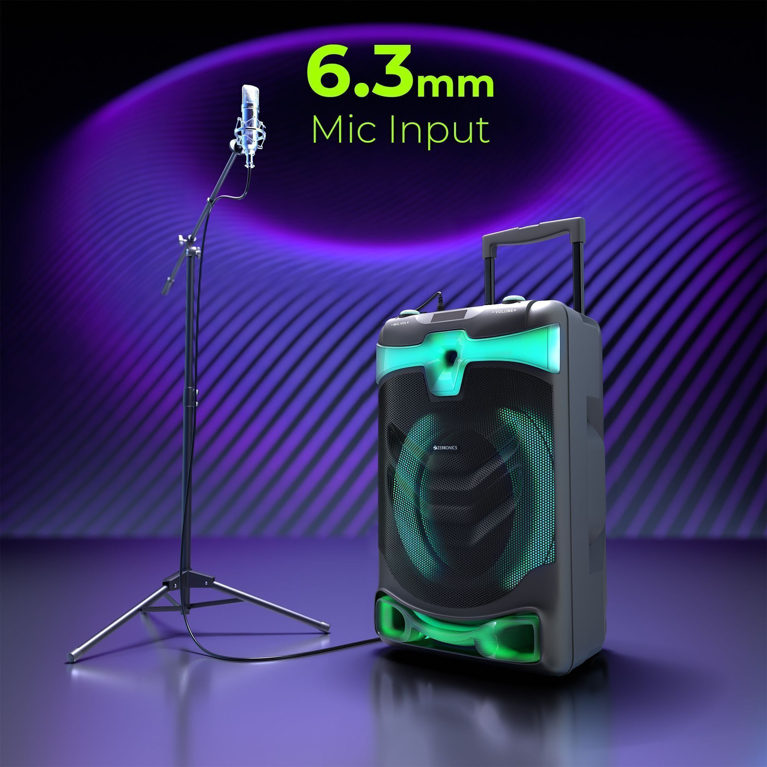 Image of ZEBRONICS Dazzio Trolley Speaker 5hr Playback,Dual Wireless Mic ,Karaoke,USB, AUX,RGB 130 W Bluetooth Party Speaker