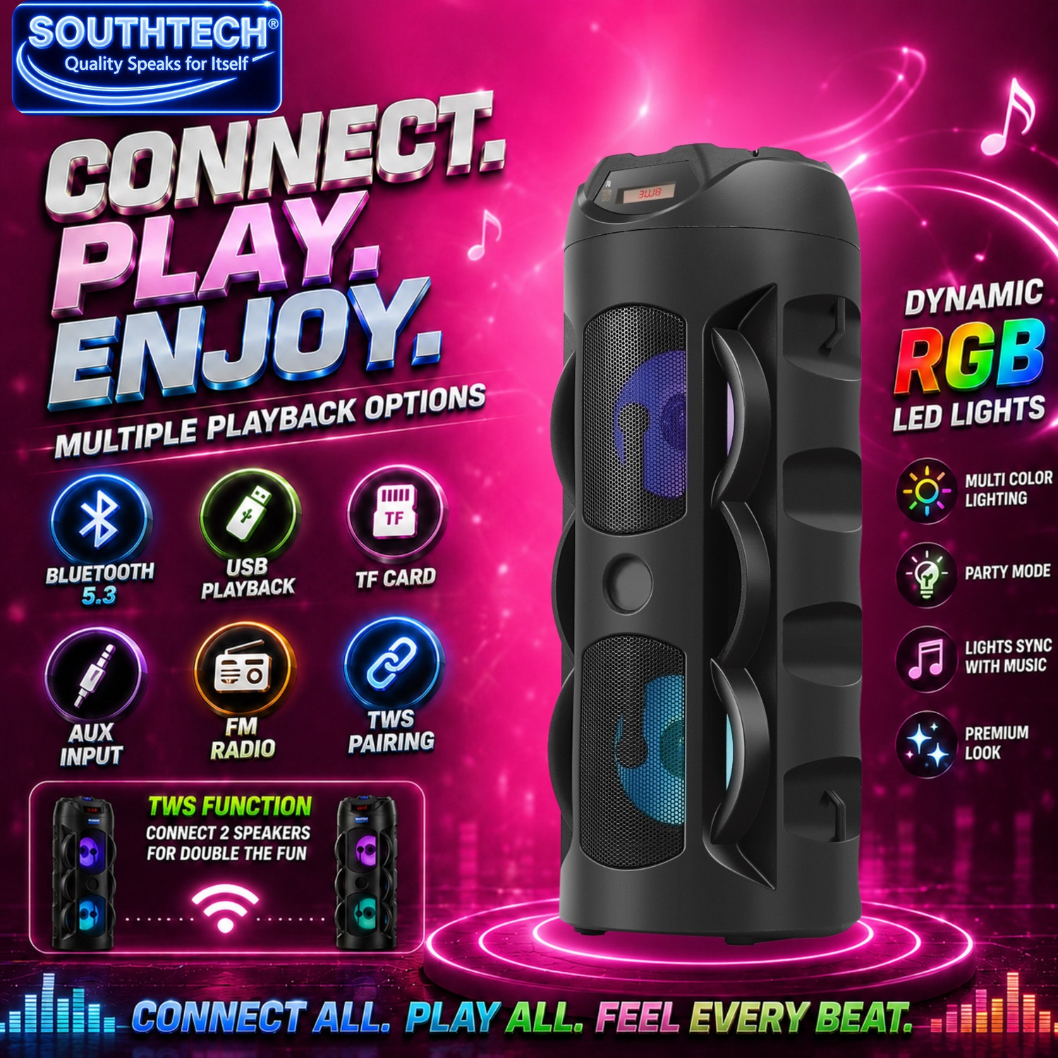 Image of SOUTHTECH DHOOM Bluetooth Party Tower Speaker With Wireless Mic|Dual Driver|RGB Lights| 40 W Bluetooth Party Speaker