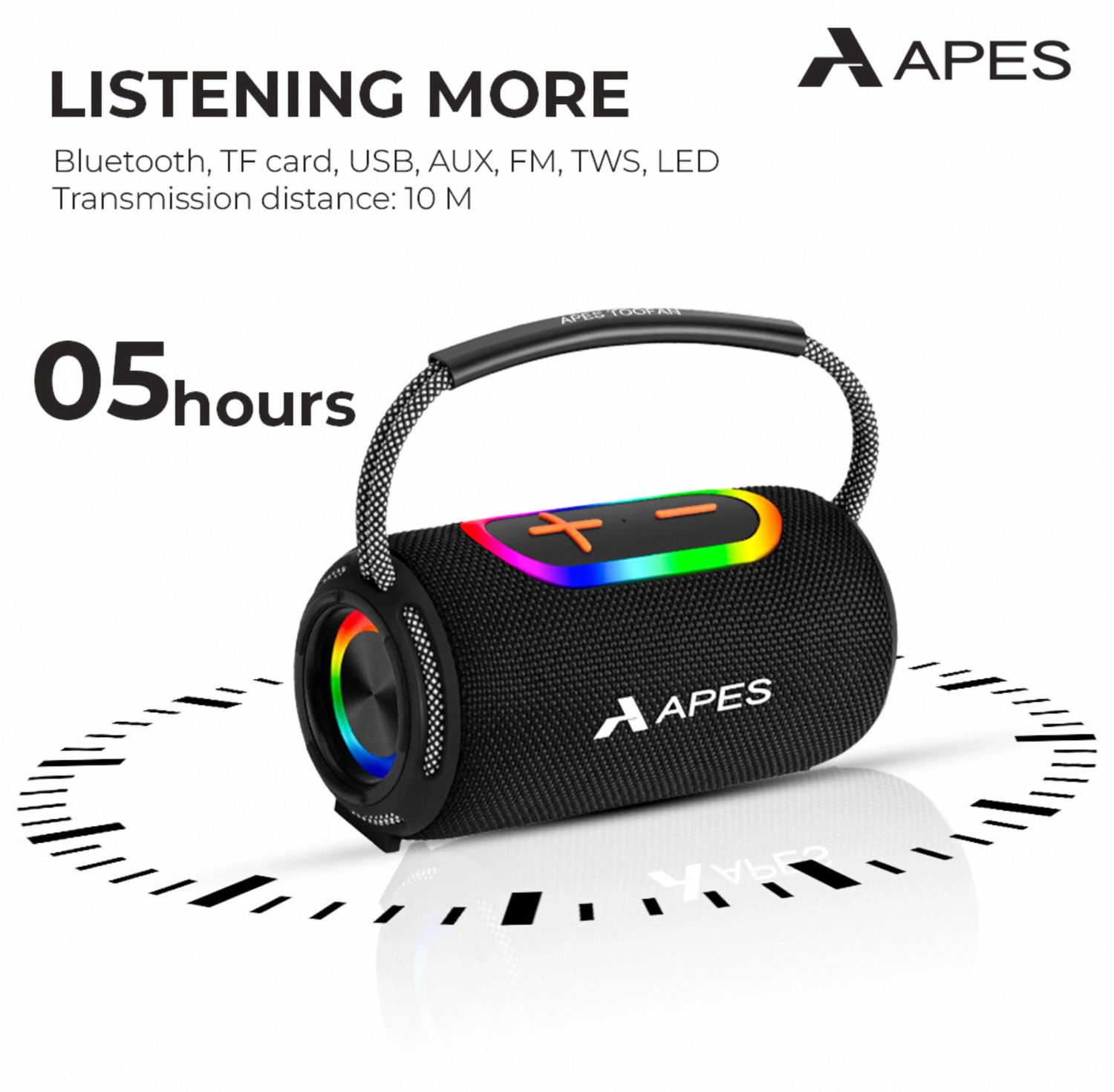 Image of APES Toofan Bluetooth Speaker, 6Hrs Playtime, Dynamic RGB LED's,TF card, USB, and AUX 10 W Bluetooth Party Speaker