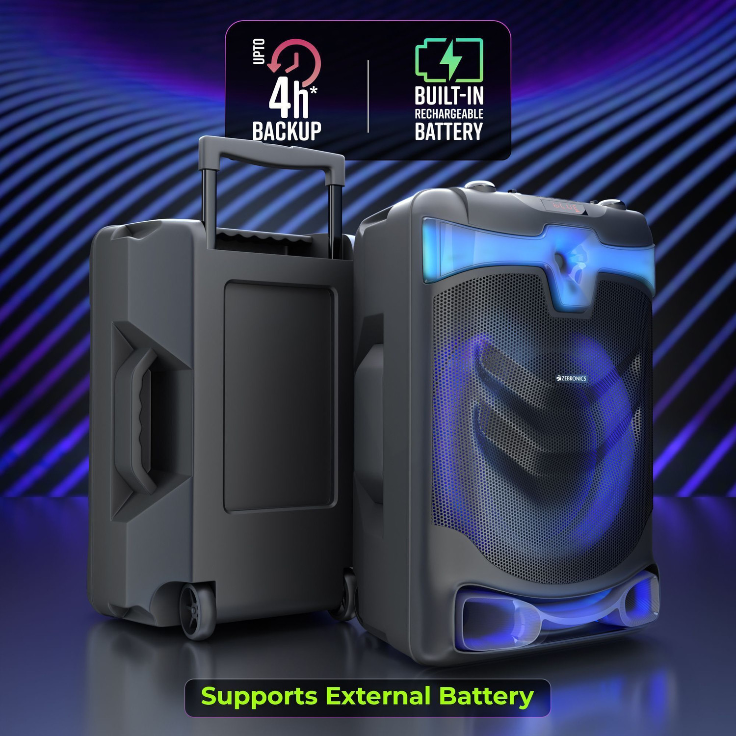 Image of ZEBRONICS Dazzio Trolley Speaker 5hr Playback,Dual Wireless Mic ,Karaoke,USB, AUX,RGB 130 W Bluetooth Party Speaker