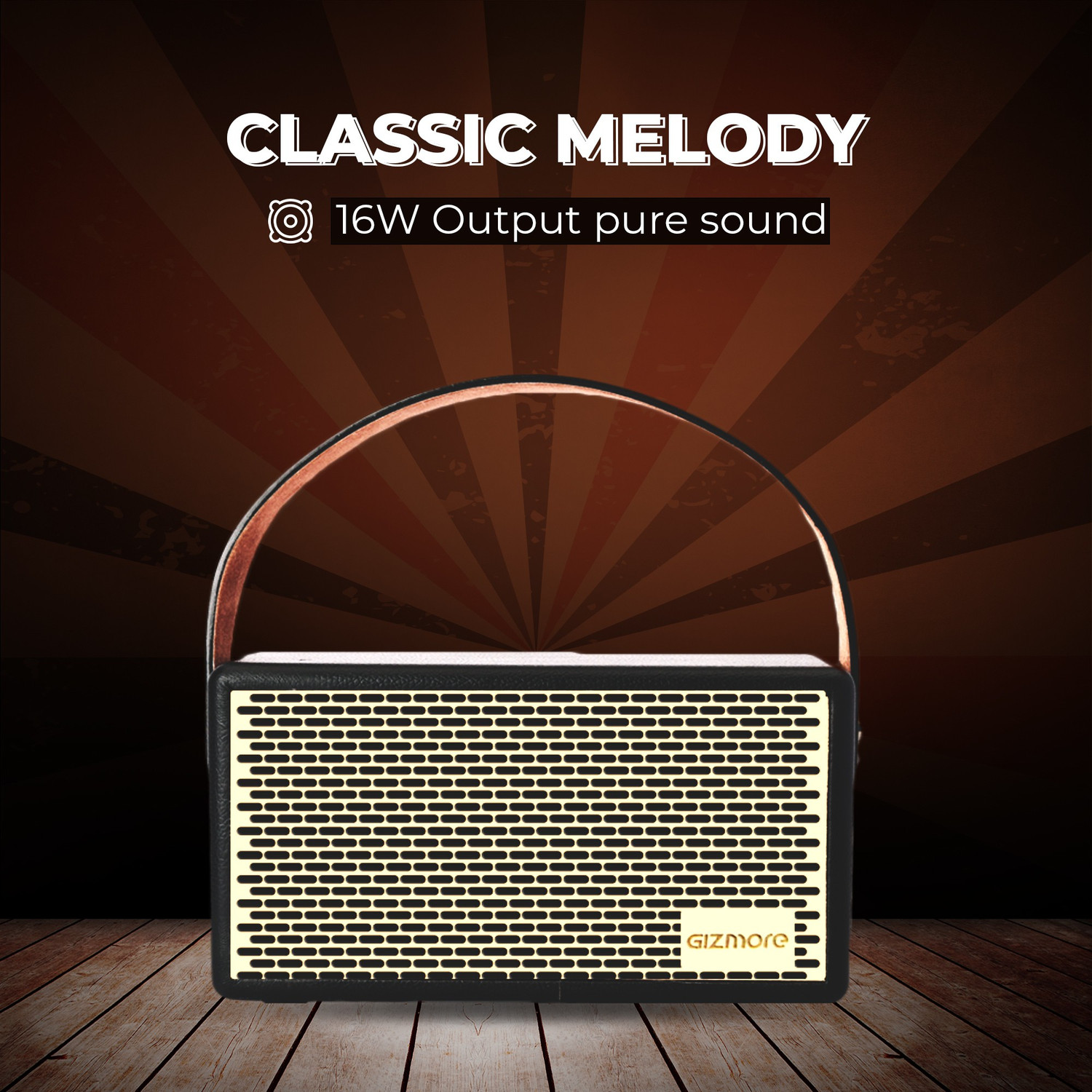 Image of Gizmore GIZ MS516 Portable Speaker| Wooden Cabinet With Leather Strap, 5H Playback 16 W Bluetooth Speaker