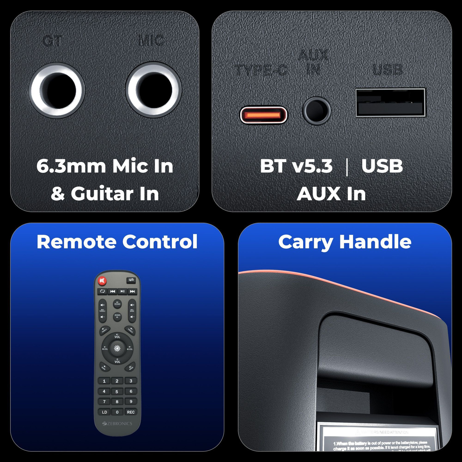 Image of ZEBRONICS Party Fyre 700, Upto 7hrs Playback, Wireless Mic, RGB, TWS, USB, AUX. 120 W Bluetooth Party Speaker