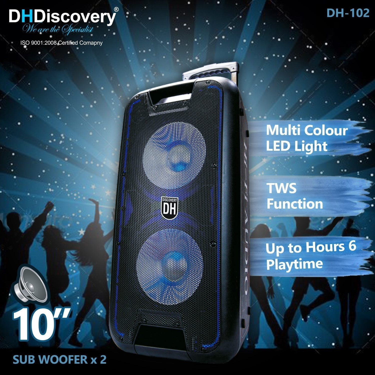 Image of DH Discovery DH-102 Trolley Speaker (2 Wireless Mic) LED Light-Battery 6Hr Playtime 12000 W Bluetooth Party Speaker