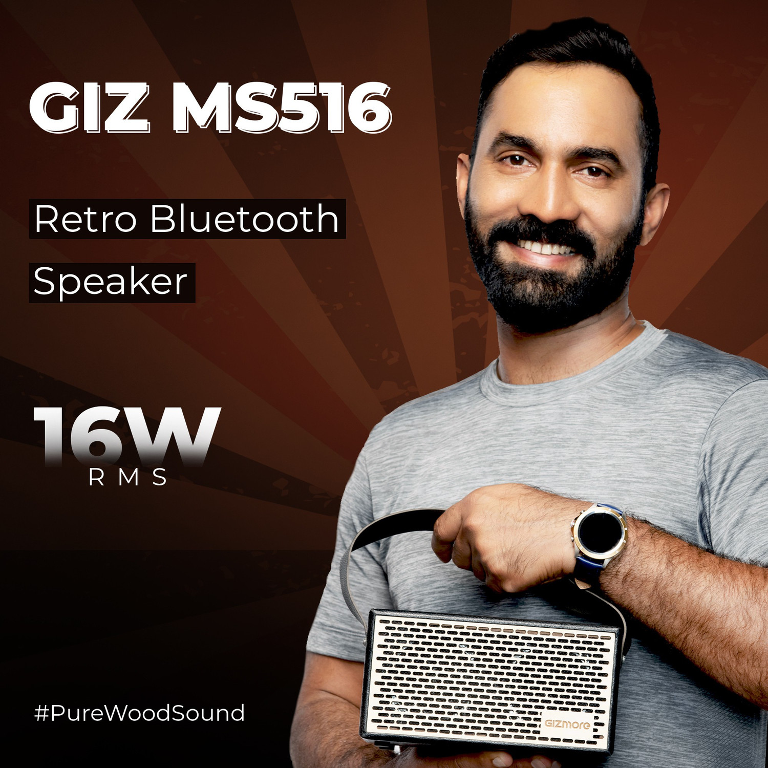 Image of Gizmore GIZ MS516 Portable Speaker| Wooden Cabinet With Leather Strap, 5H Playback 16 W Bluetooth Speaker