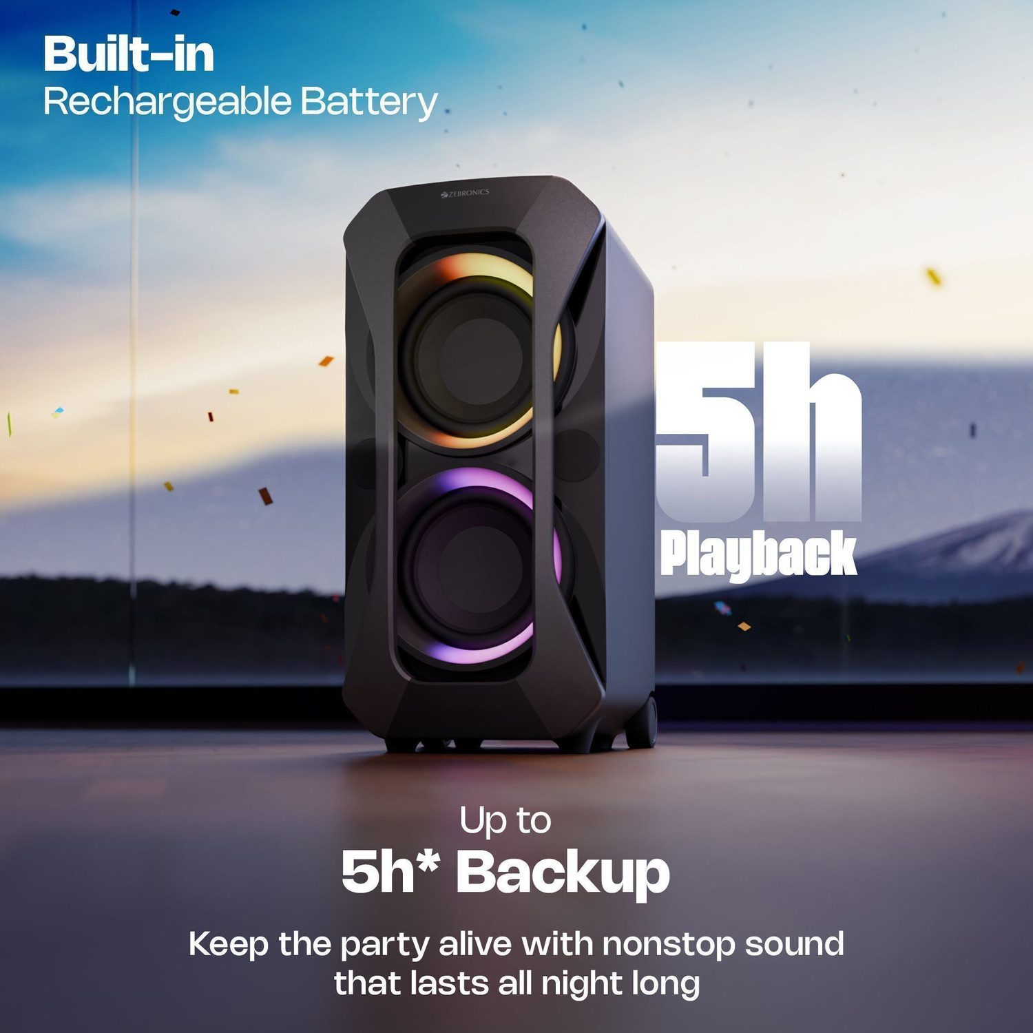 Image of ZEBRONICS ROXOR PLUS Trolley,Upto 5 hrs Playtime, Wireless Mic, Mic & Guitar IN 180 W Bluetooth Party Speaker