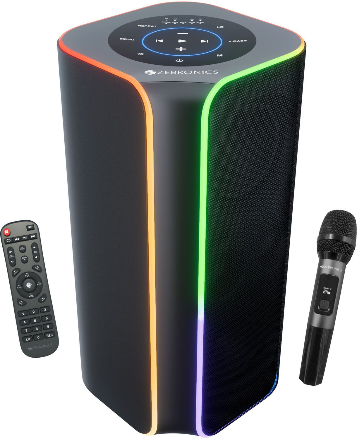 Image of ZEBRONICS Party Fyre 700, Upto 7hrs Playback, Wireless Mic, RGB, TWS, USB, AUX. 120 W Bluetooth Party Speaker