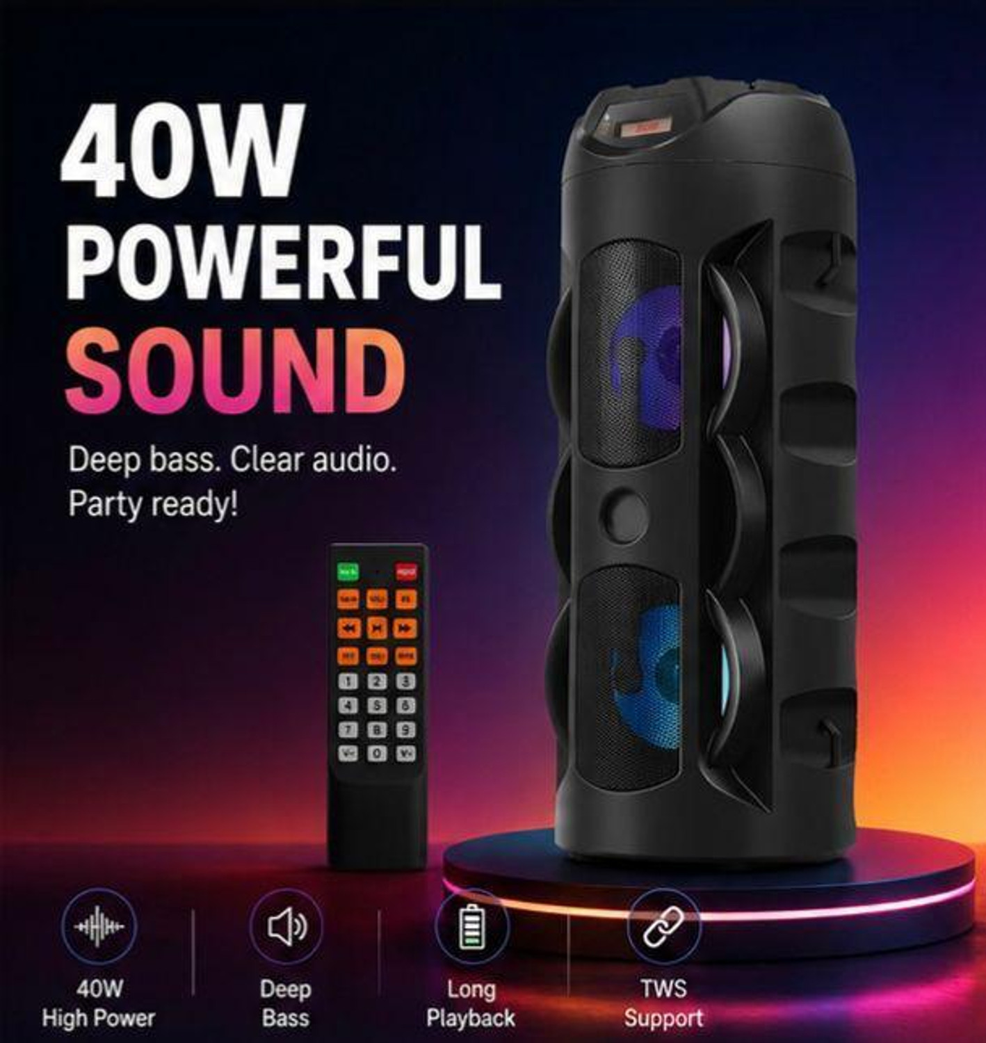 Image of ZEKLY 40W Bluetooth Tower Speaker | Dual Woofer RGB Lights | Remote | 40 W Bluetooth Party Speaker