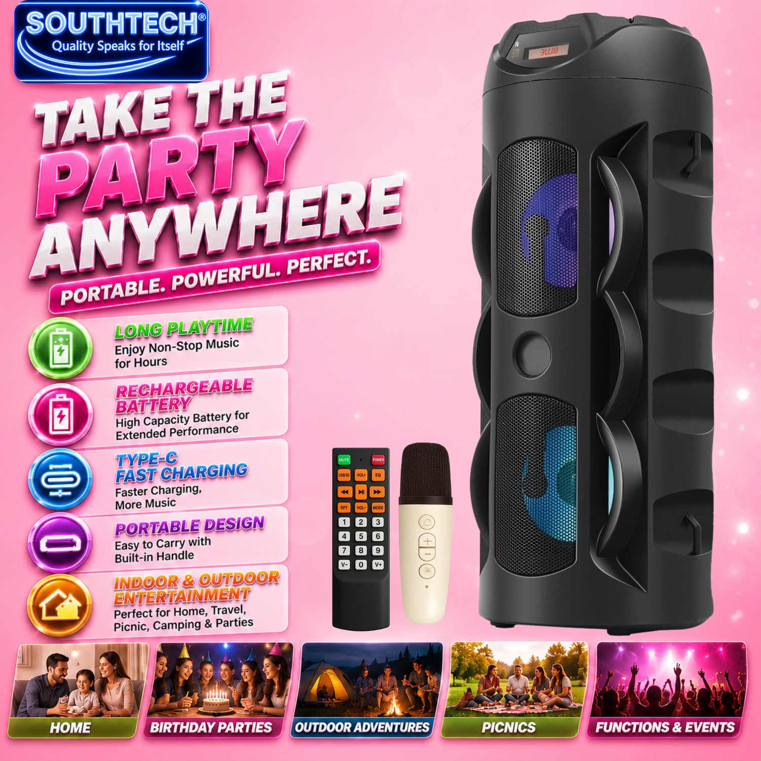 Image of SOUTHTECH DHOOM Bluetooth Party Tower Speaker With Wireless Mic|Dual Driver|RGB Lights| 40 W Bluetooth Party Speaker